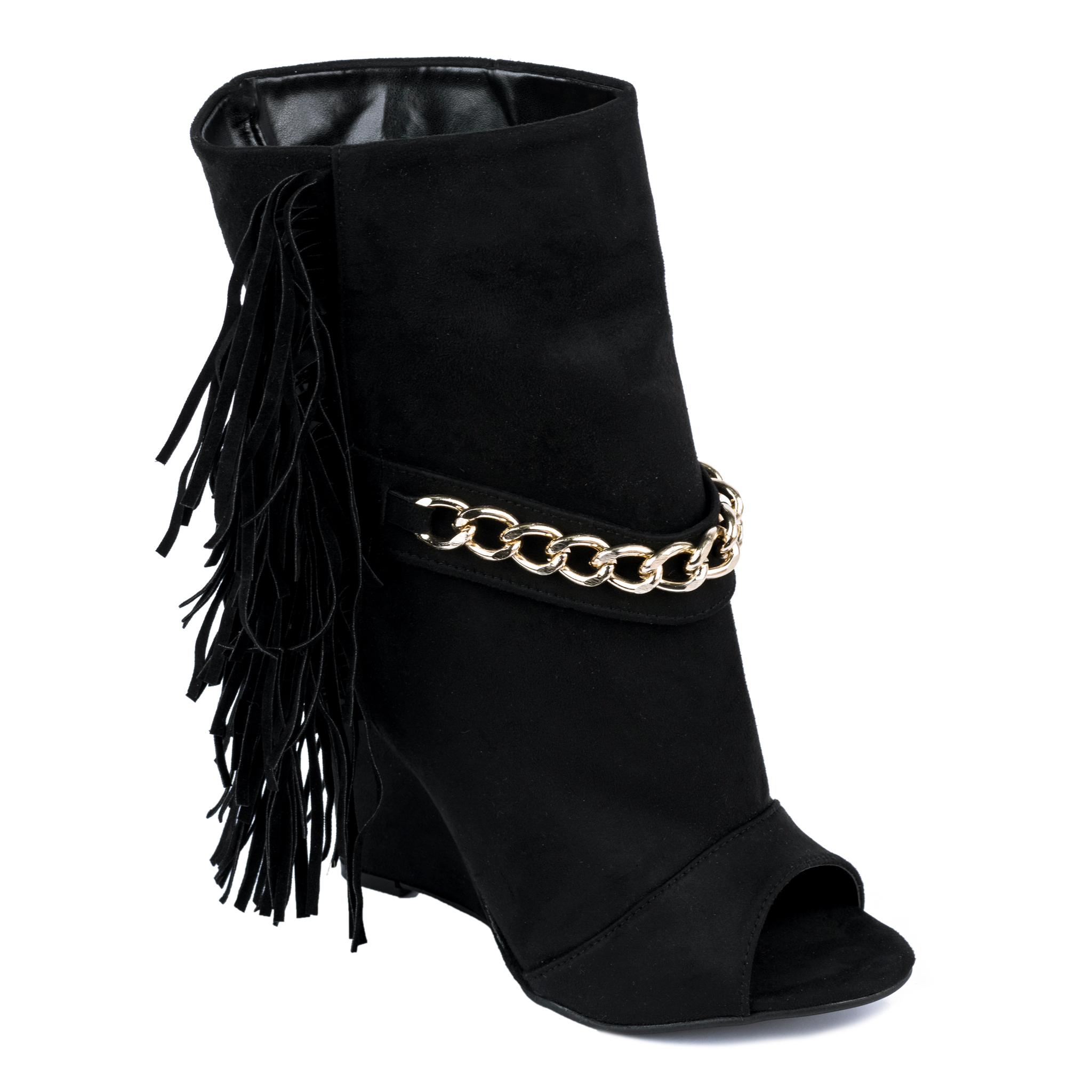 WEDGE VELOUR ANKLE BOOTS WITH FRINGE - BLACK