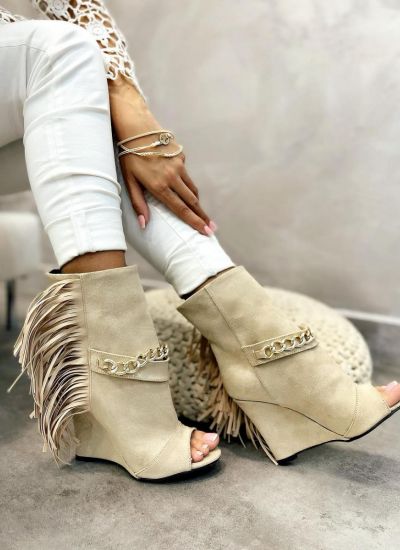 WEDGE VELOUR ANKLE BOOTS WITH FRINGE - BEIGE