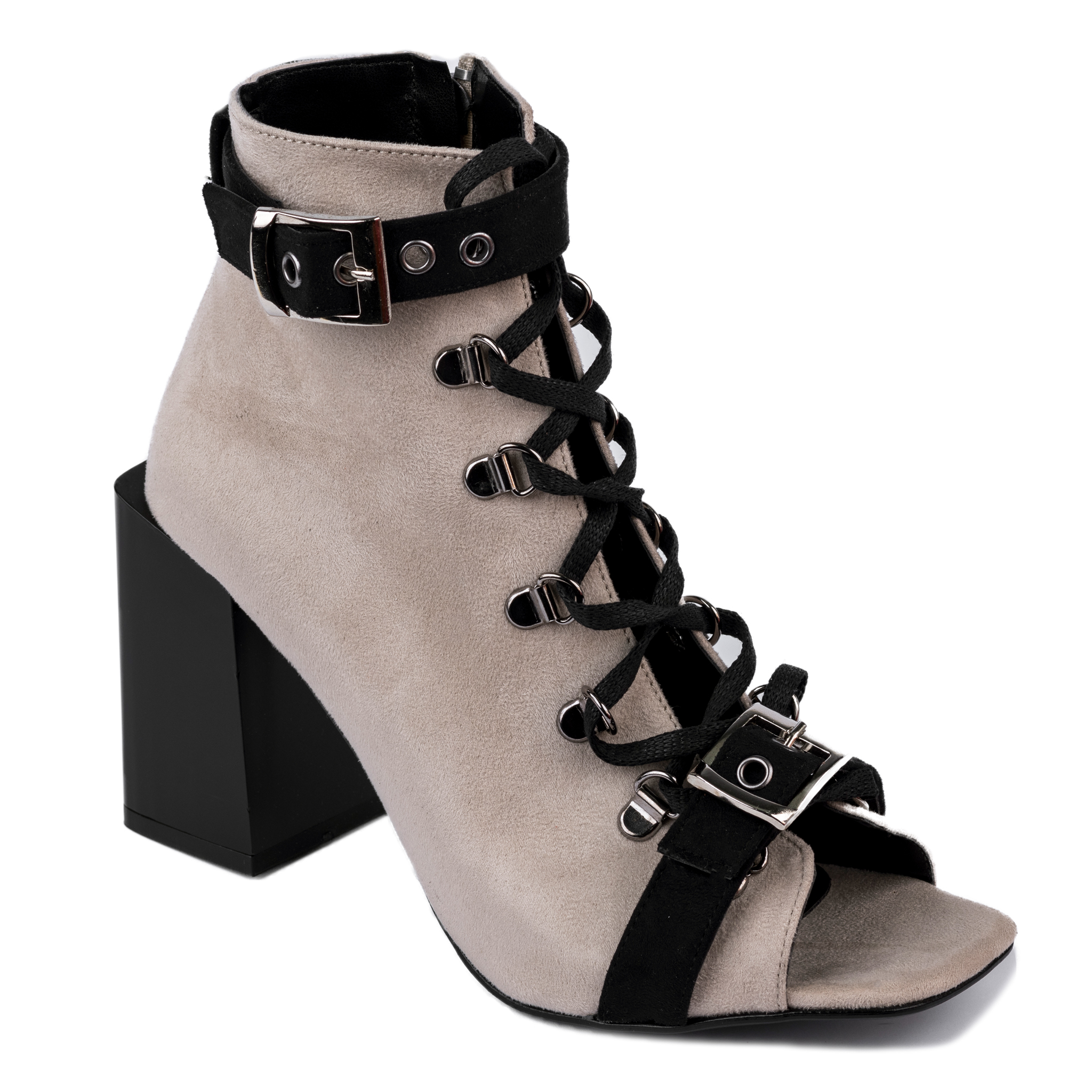 VELOUR PEEP TOE ANKLE BOOTS WITH BELTS AND BLOCK HEEL - BEIGE