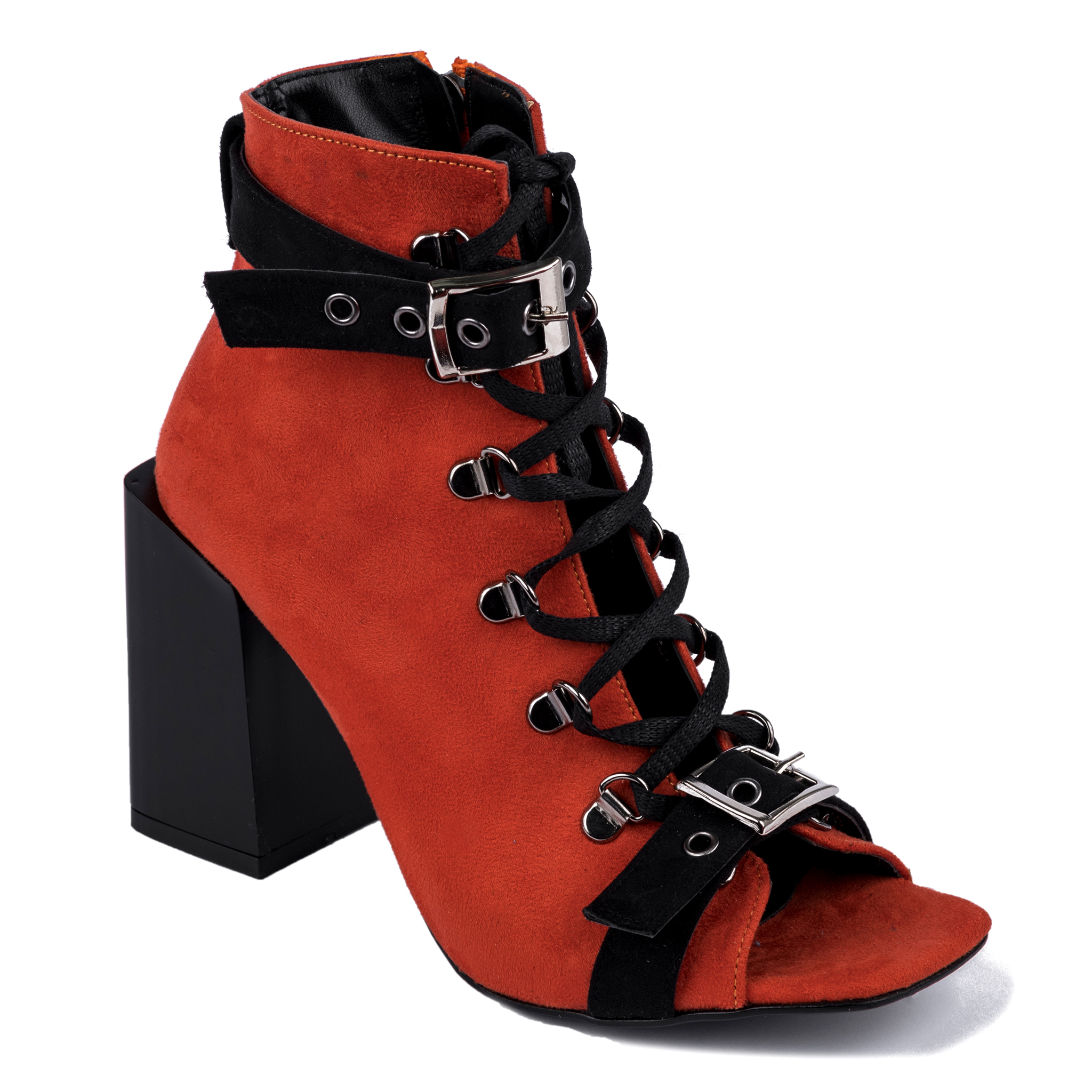 VELOUR PEEP TOE  ANKLE BOOTS WITH BELTS AND BLOCK HEEL - ORANGE