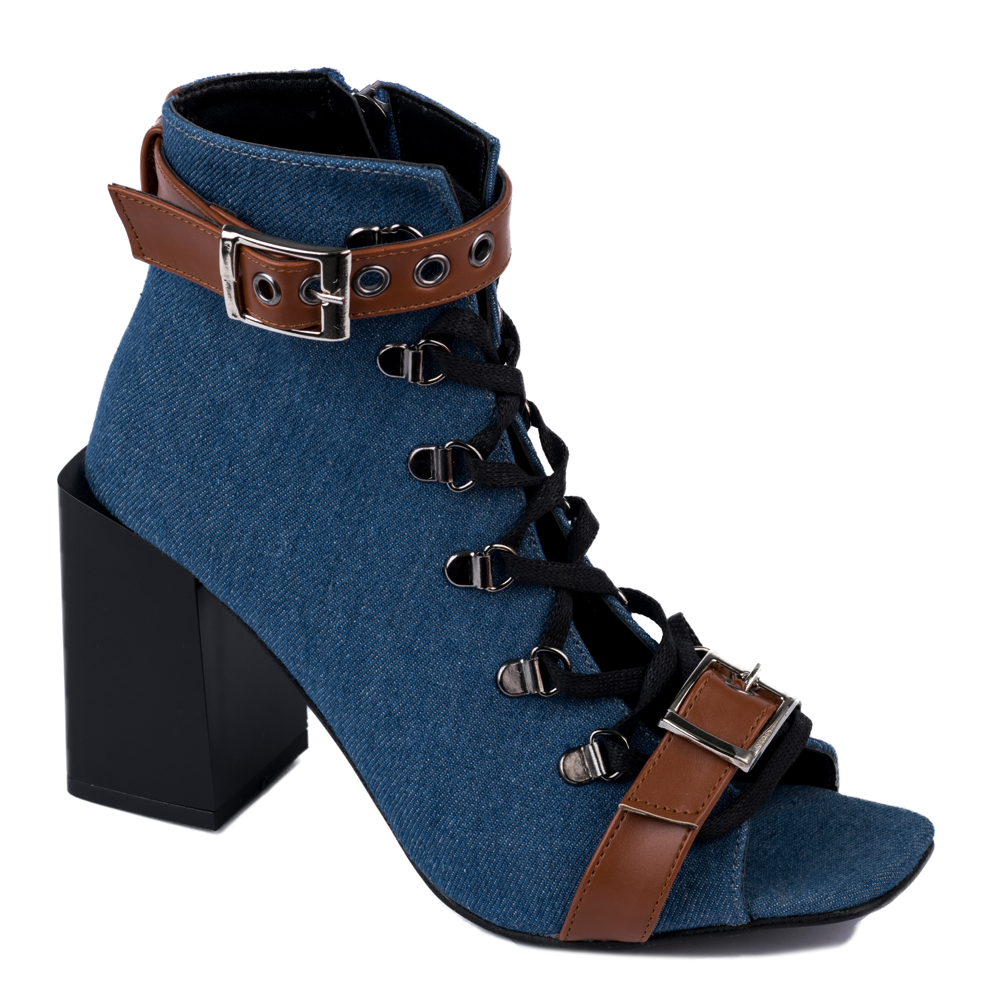 PEEP TOE ANKLE BOOTS WITH BELTS AND BLOCK HEEL - BLUE