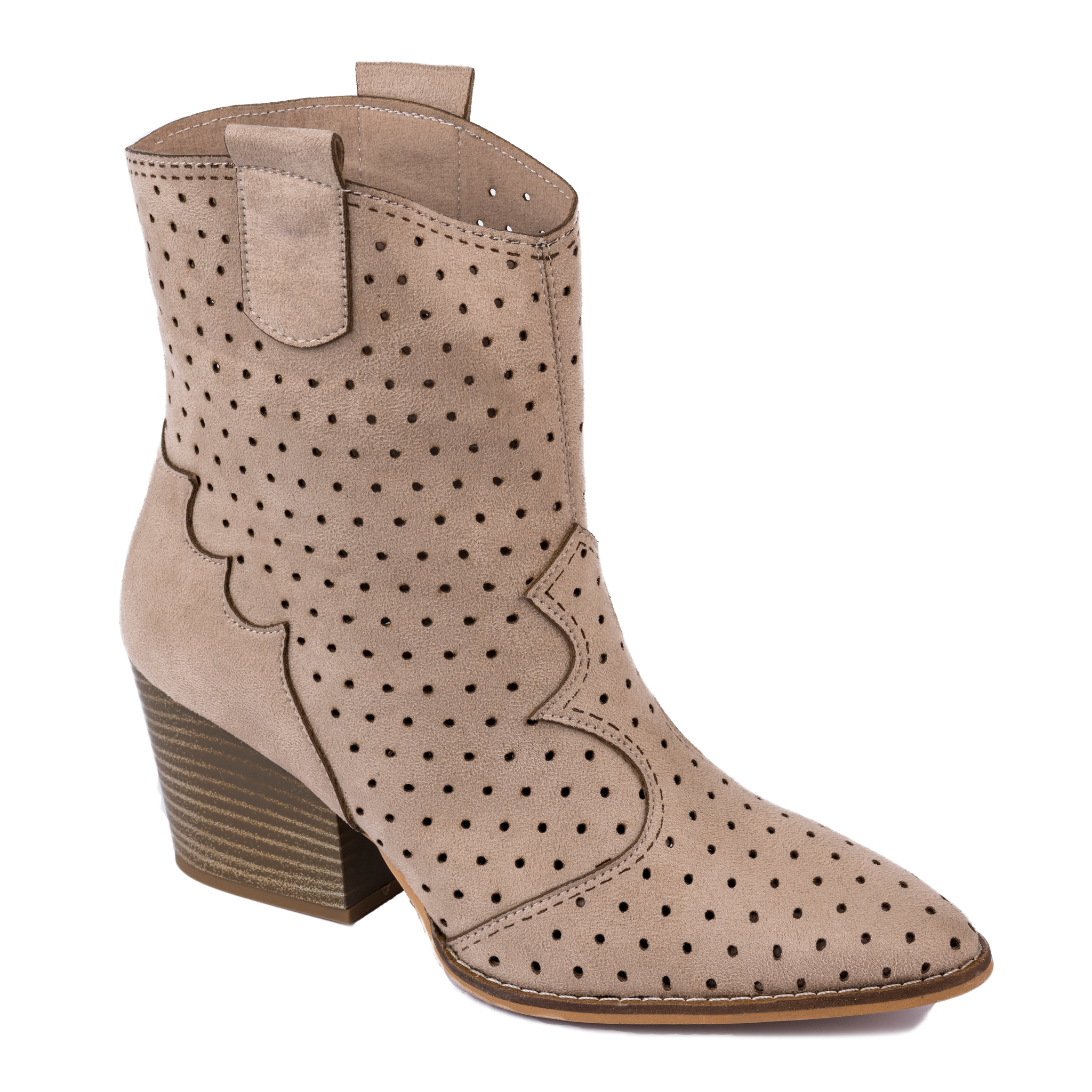 HOLLOW COWGIRL ANKLE BOOTS WITH THICK HEEL - BEIGE
