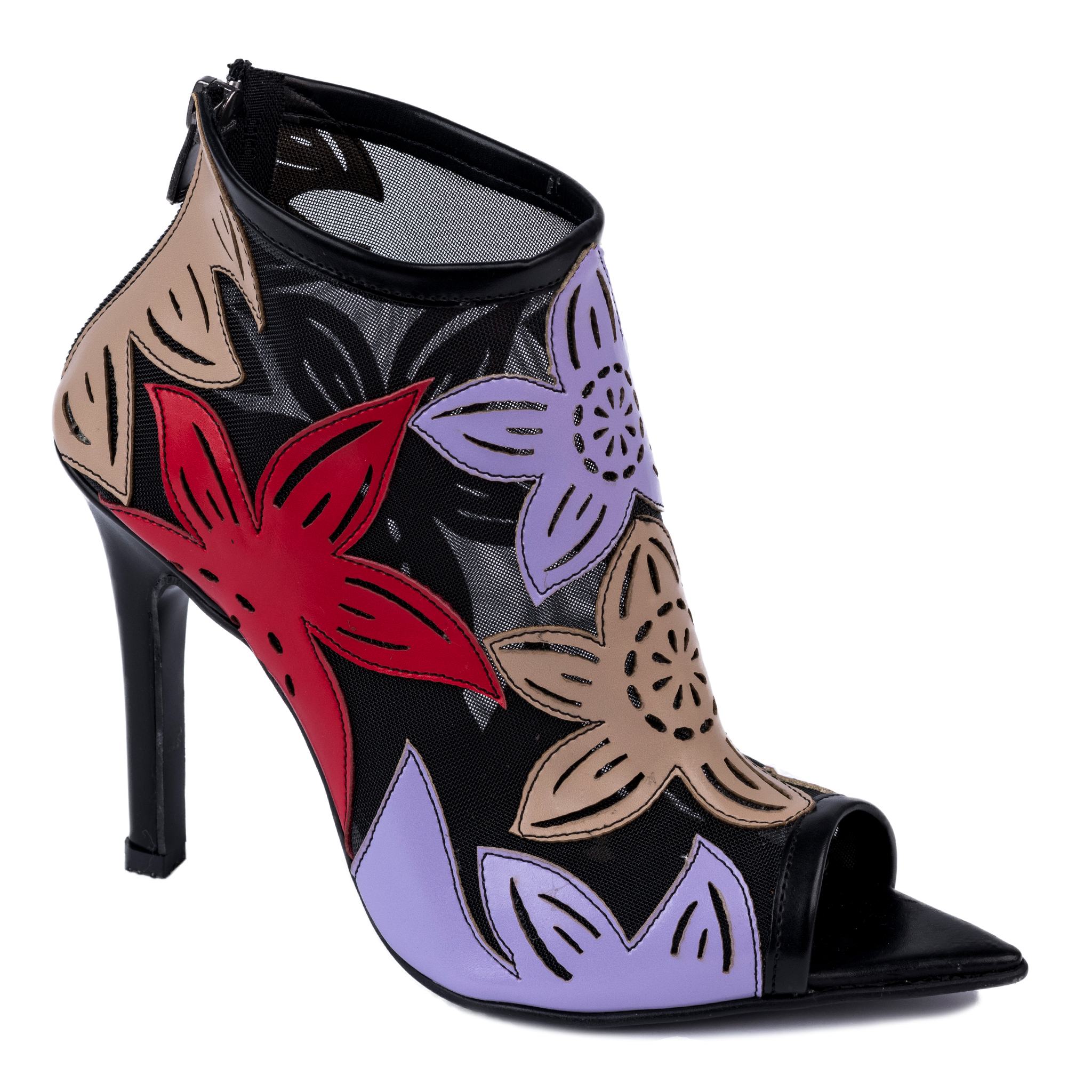 FLOWER PRINT SUMMER ANKLE BOOTS WITH THIN HEEL - BLACK