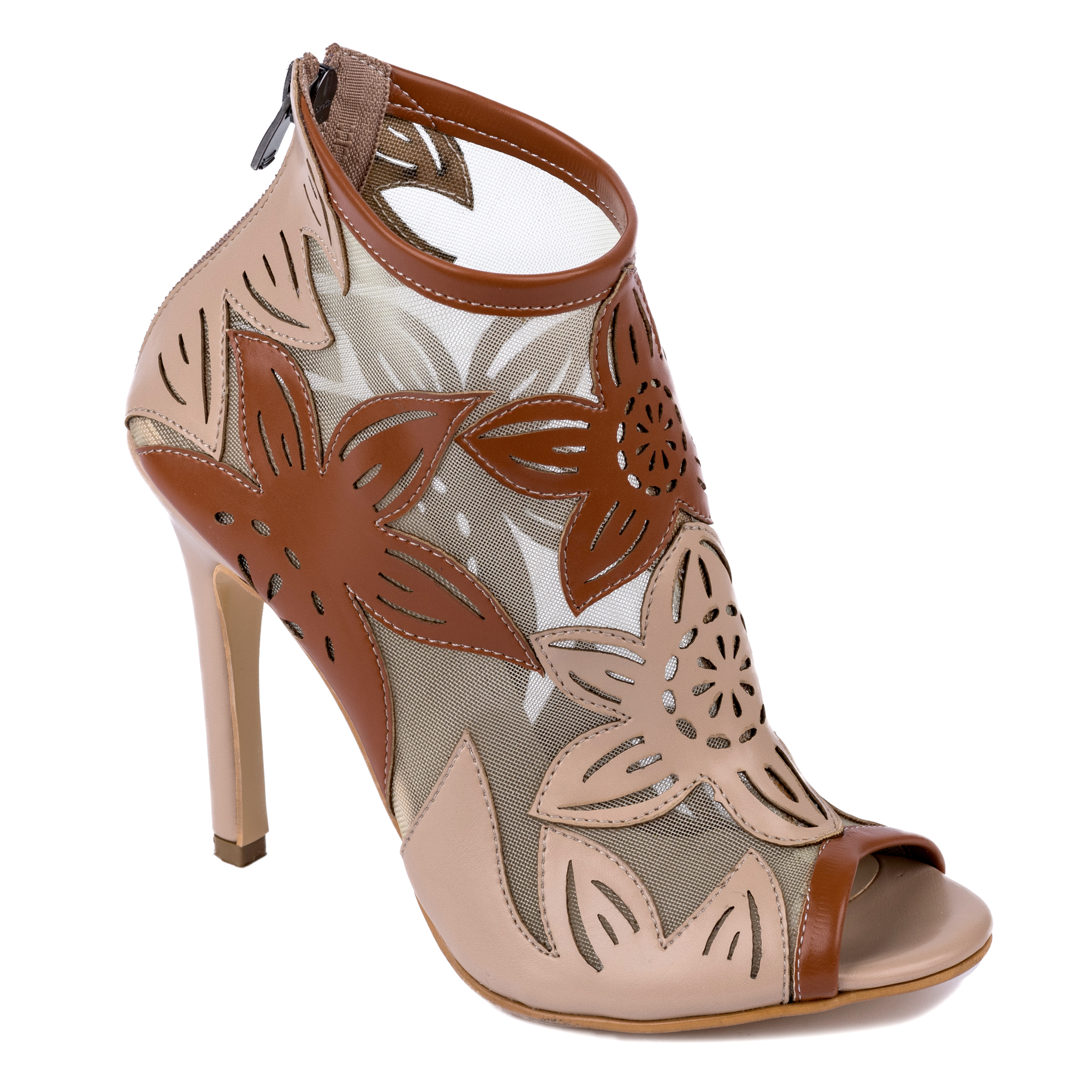 FLOWER PRINT SUMMER ANKLE BOOTS WITH THIN HEEL - BEIGE/CAMEL