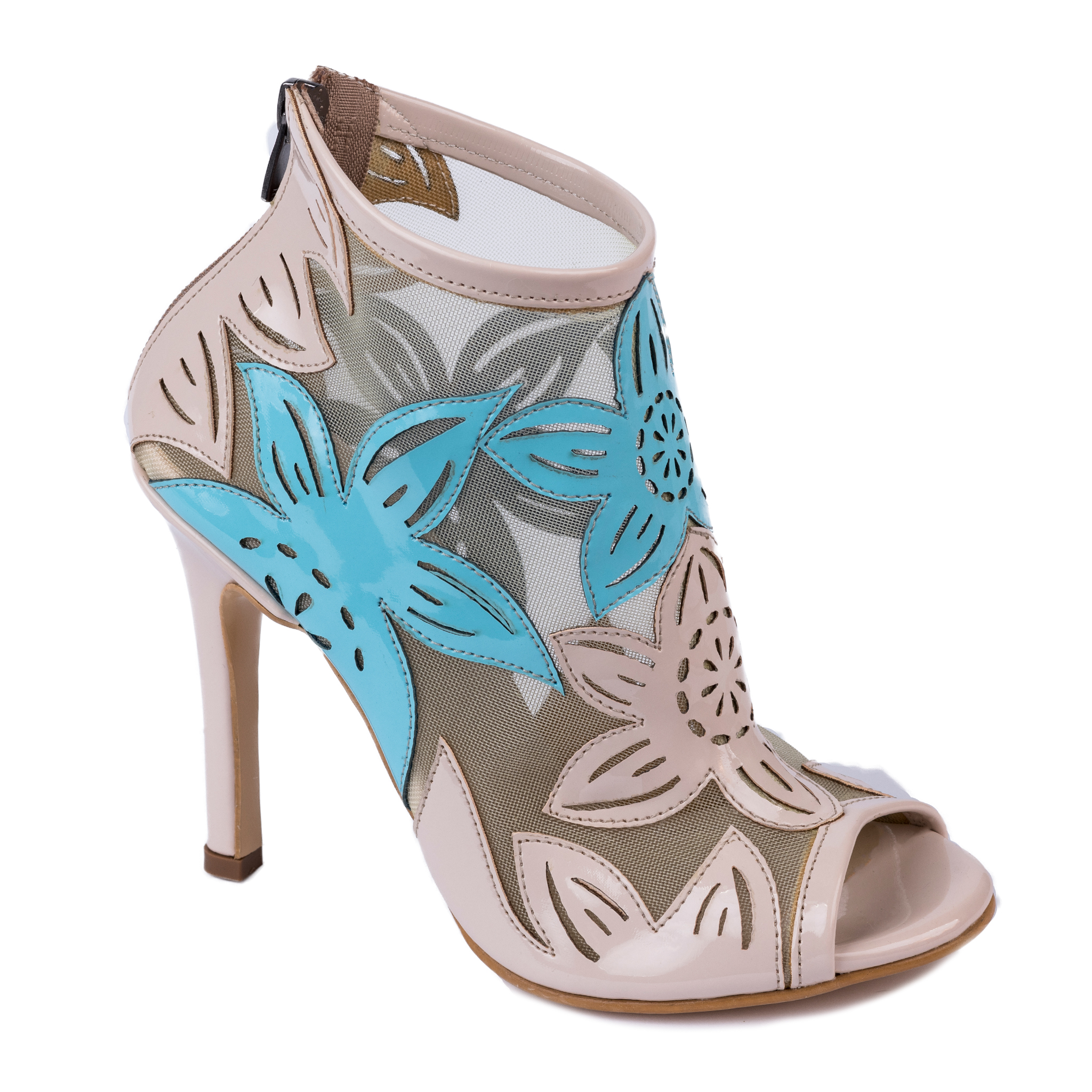 FLOWER PRINT SUMMER ANKLE BOOTS WITH THIN HEEL - BEIGE/BLUE