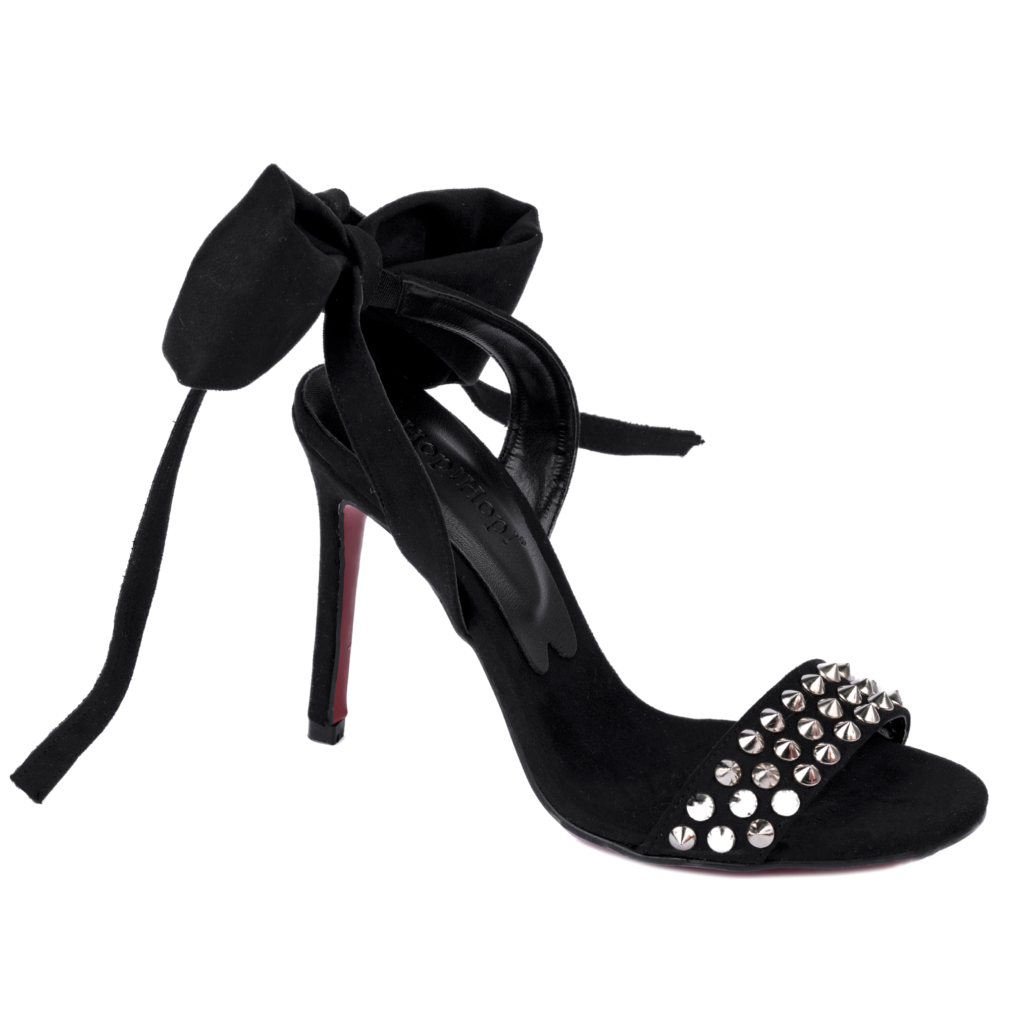 THIN HEEL VELOUR SANDALS WITH BOW AND RIVETS - BLACK
