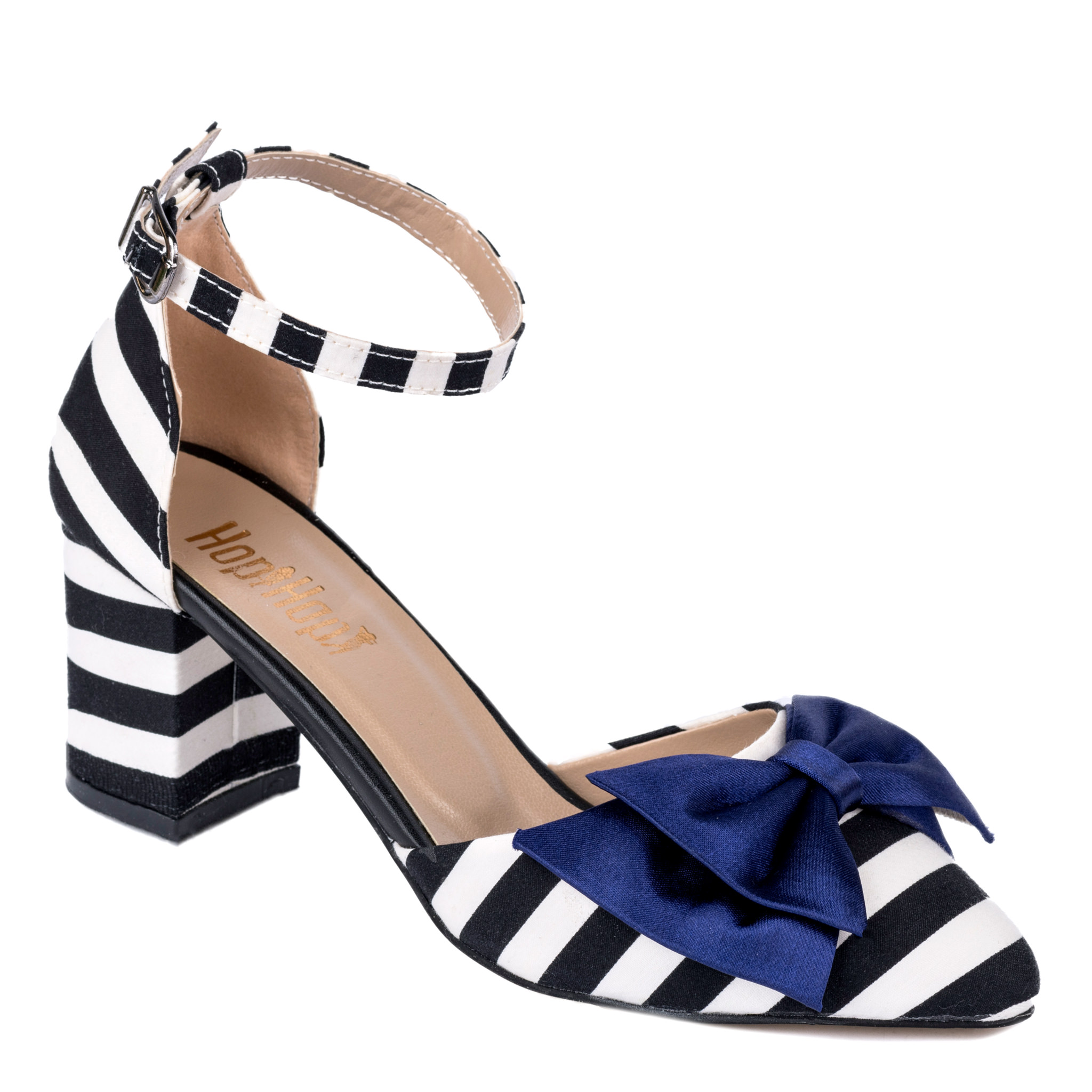 SHOES WITH BLUE BOW AND STRAPES - BLACK/WHITE