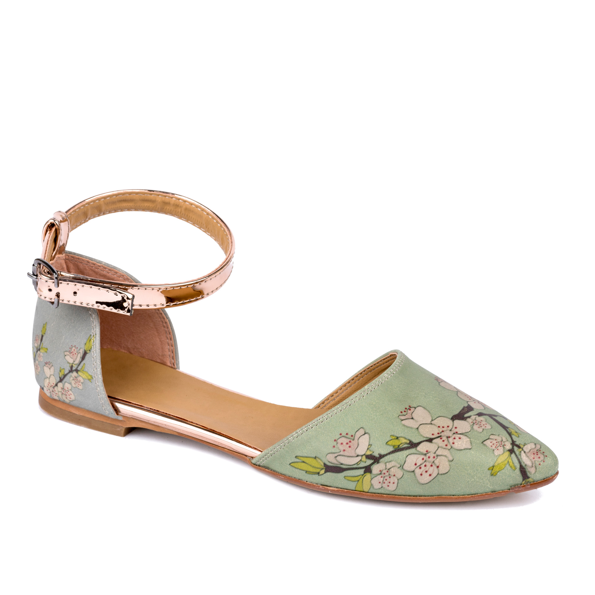 FLOWER PRINT POINTED FLATS - GREEN