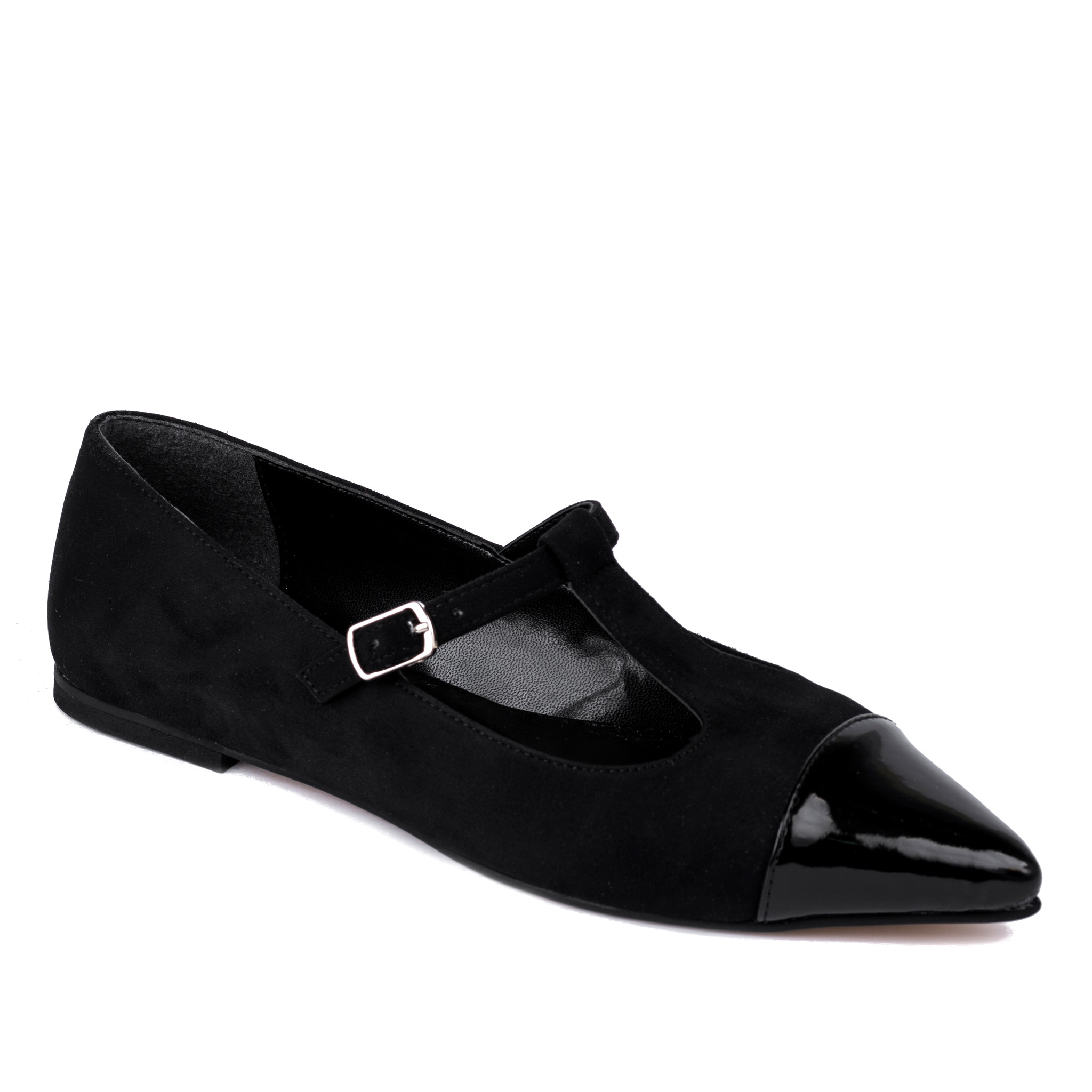 VELOUR POINTED FLATS WITH BELT - BLACK