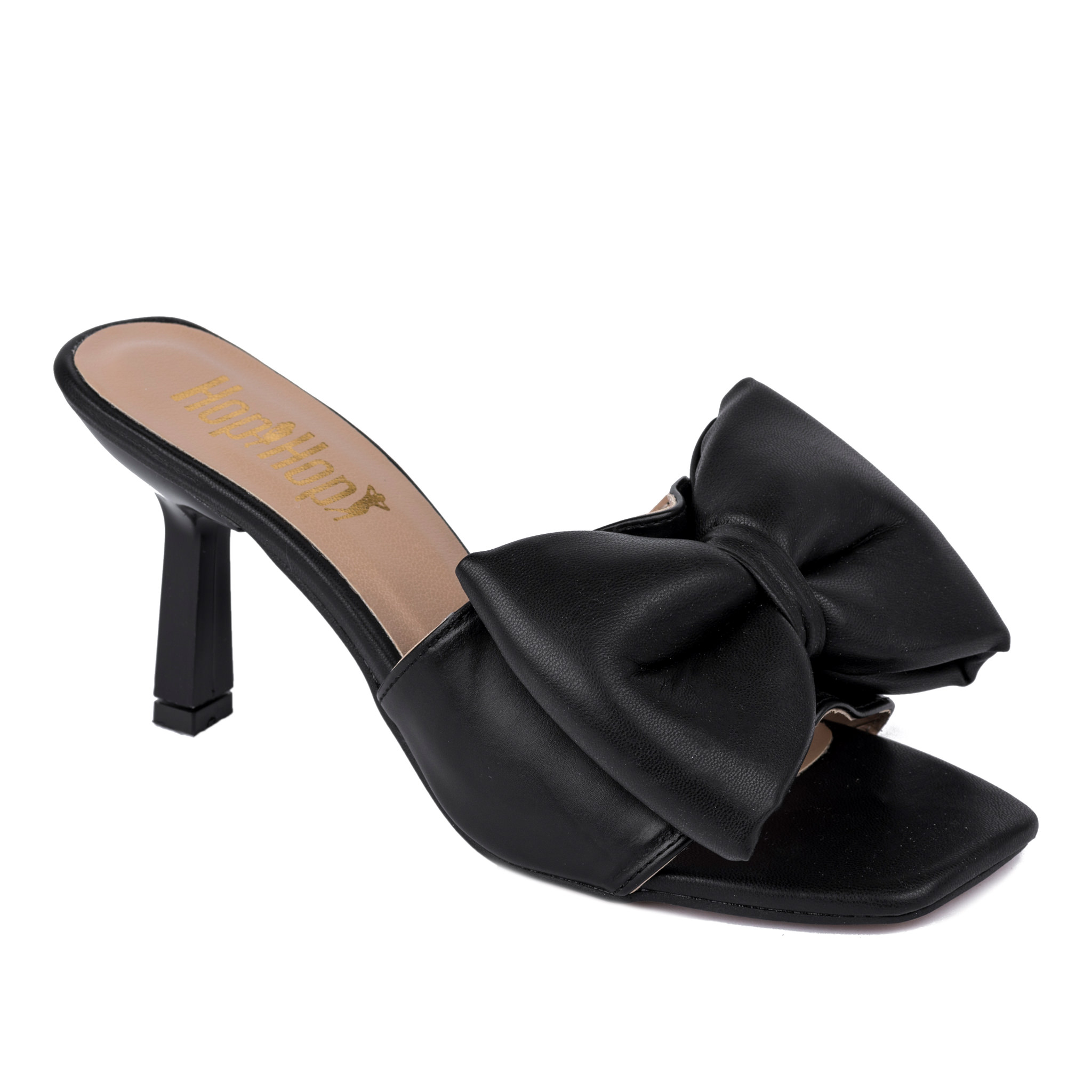 MULES WITH BOW AND THIN HEEL - BLACK