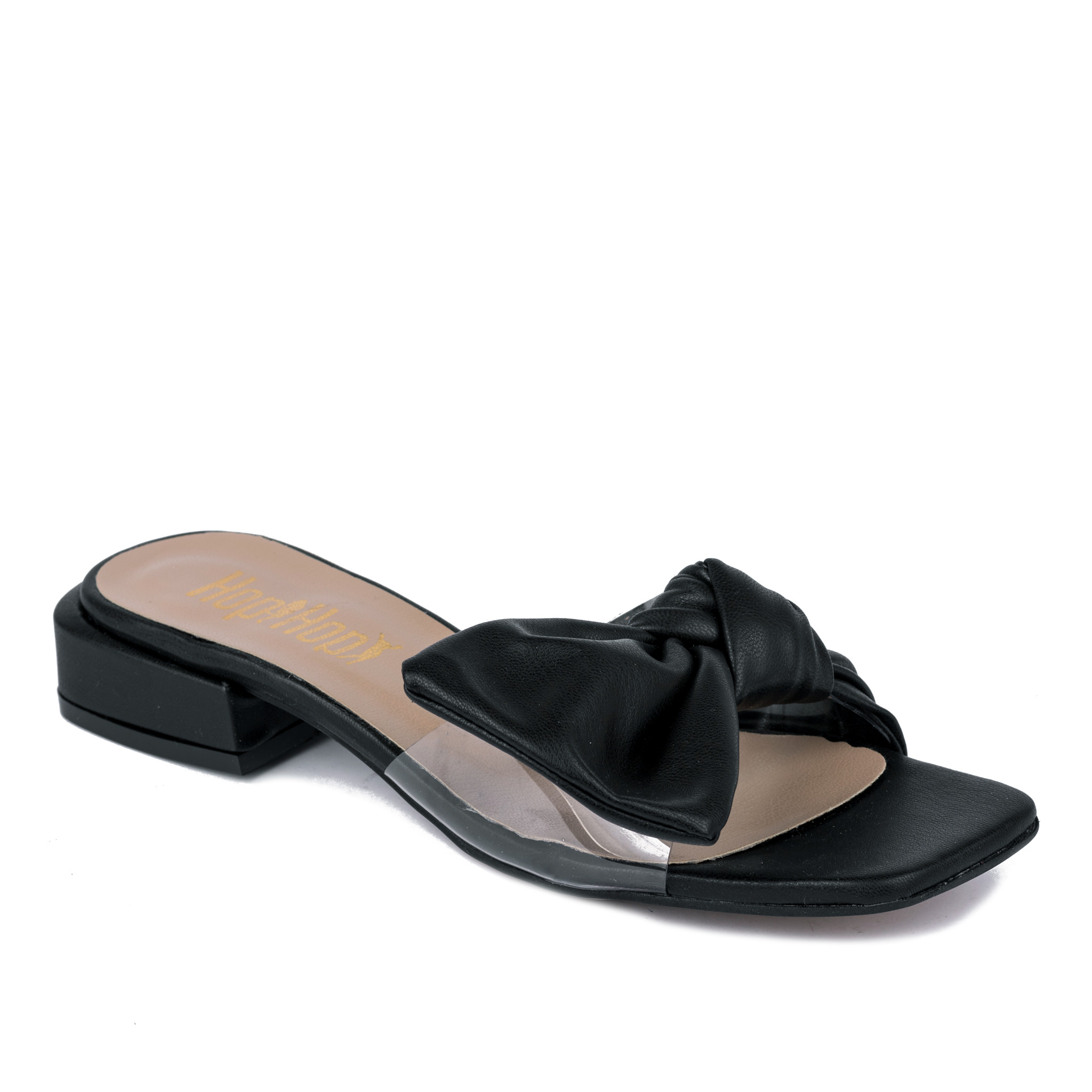 MULES WITH LOW HEEL AND BOW - BLACK