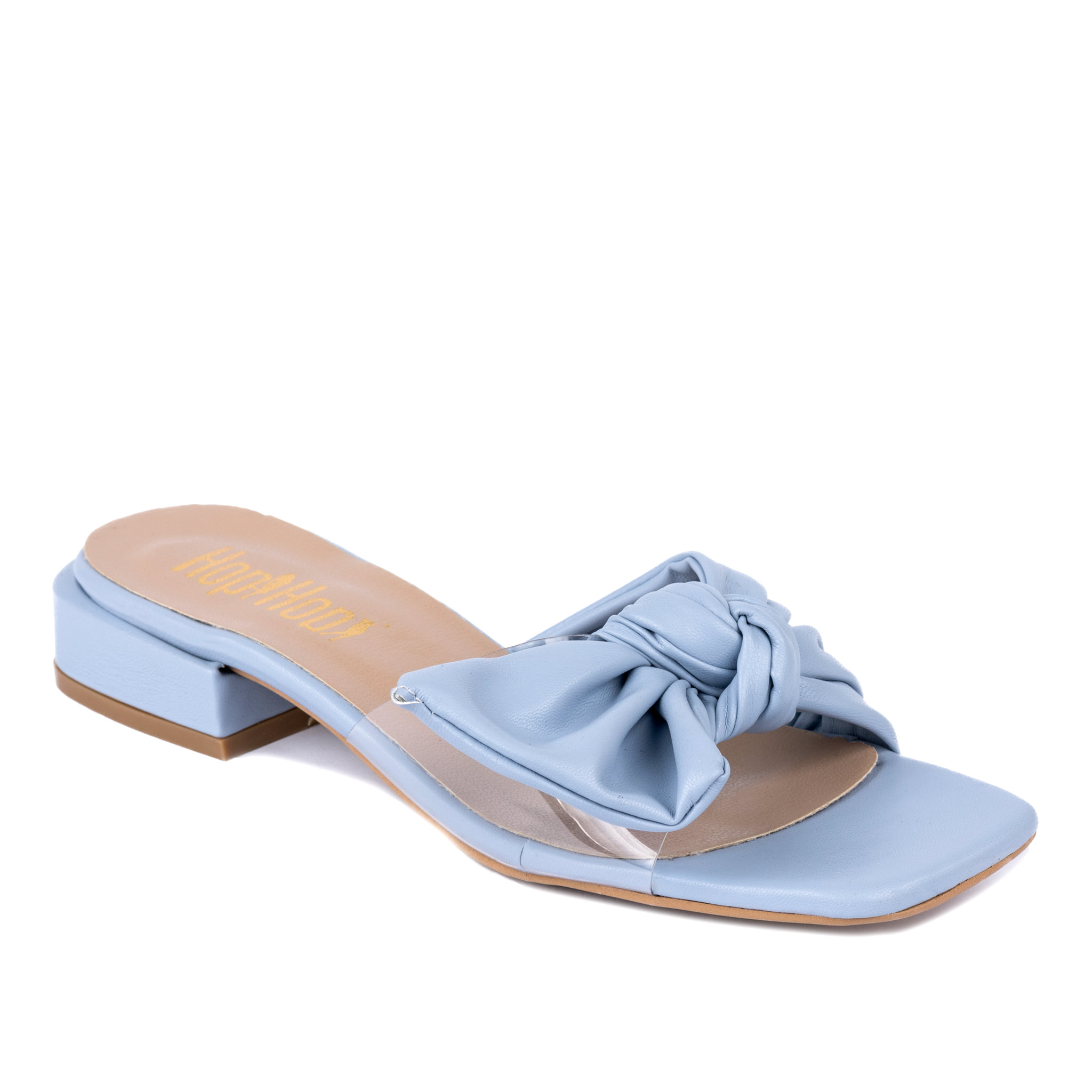 MULES WITH LOW HEEL AND BOW - BLUE