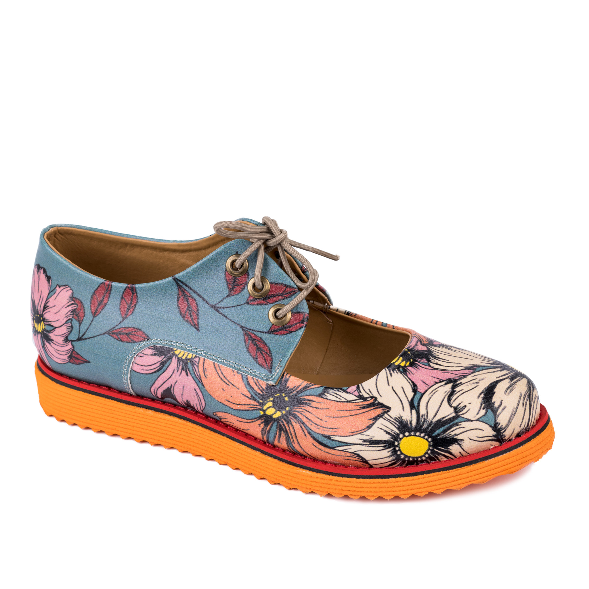 LACE UP SHOES WITH FLOWER PRINT - BLUE