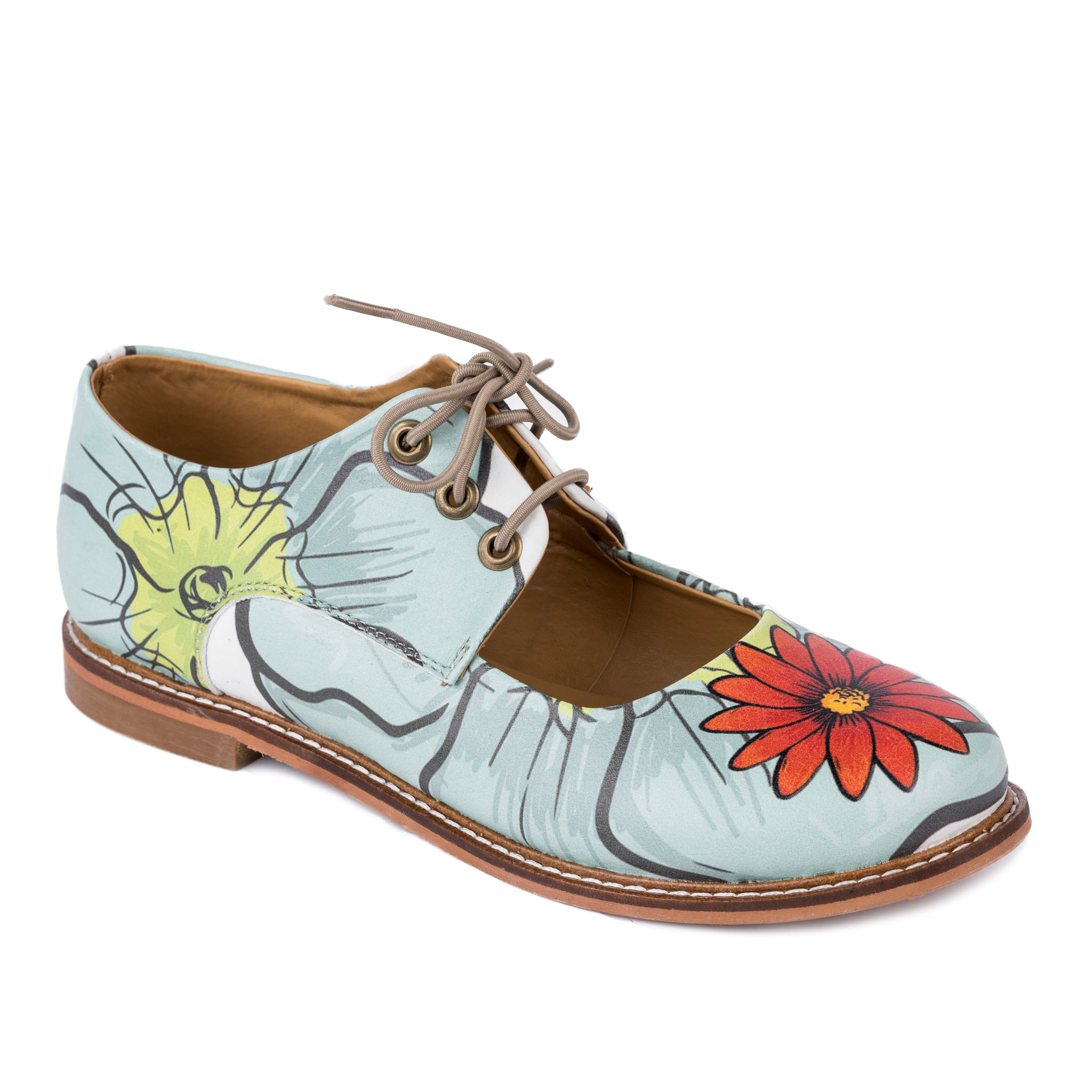 LACE UP SHOES WITH FLOWER PRINT - BLUE