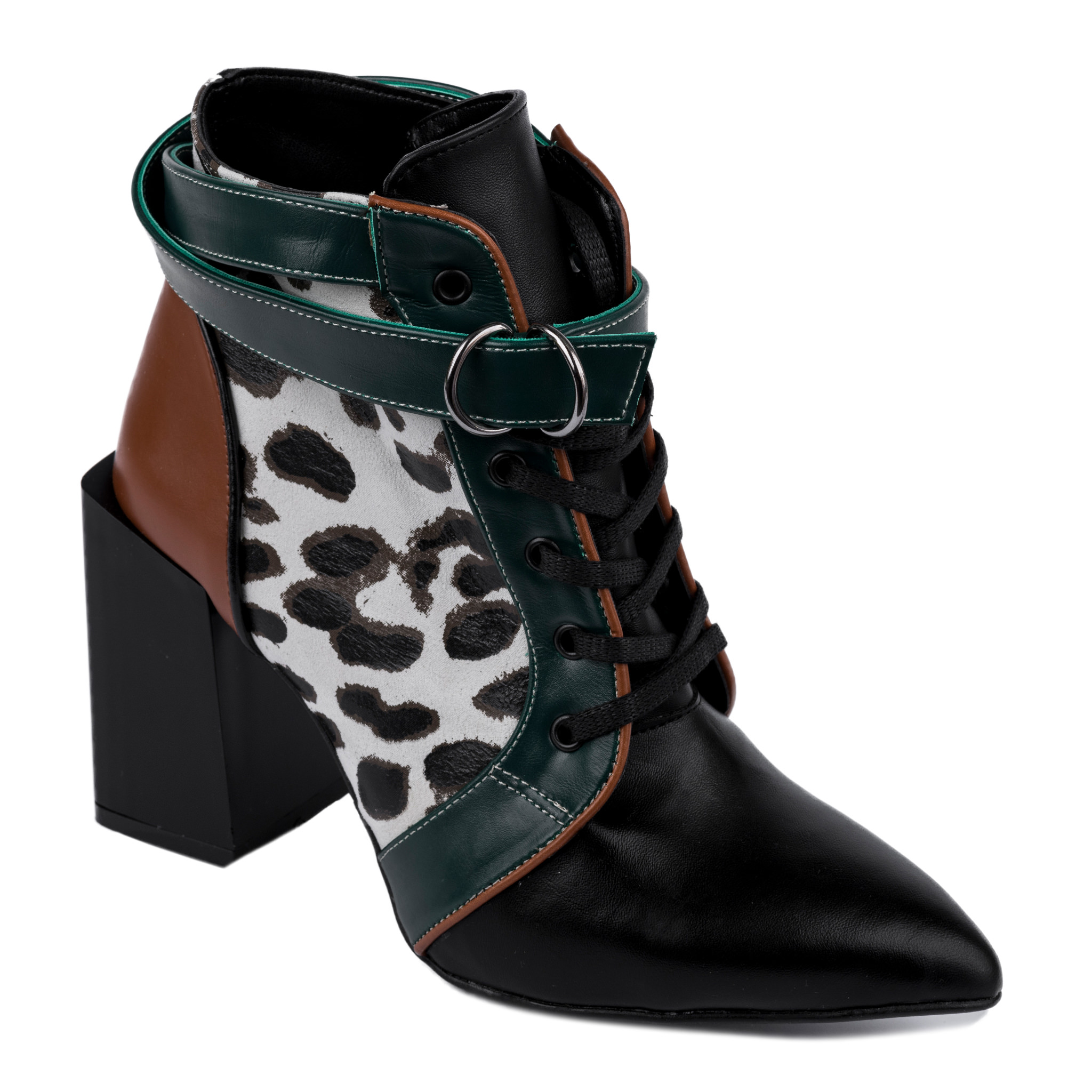 THICK HEEL ANKLE BOOTS WITH LEOPARD PRINT - BLACK