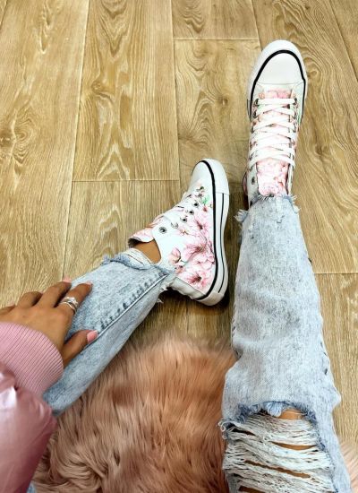 FLOWER PRINT ANKLE SNEAKERS - WHITE/ROSE