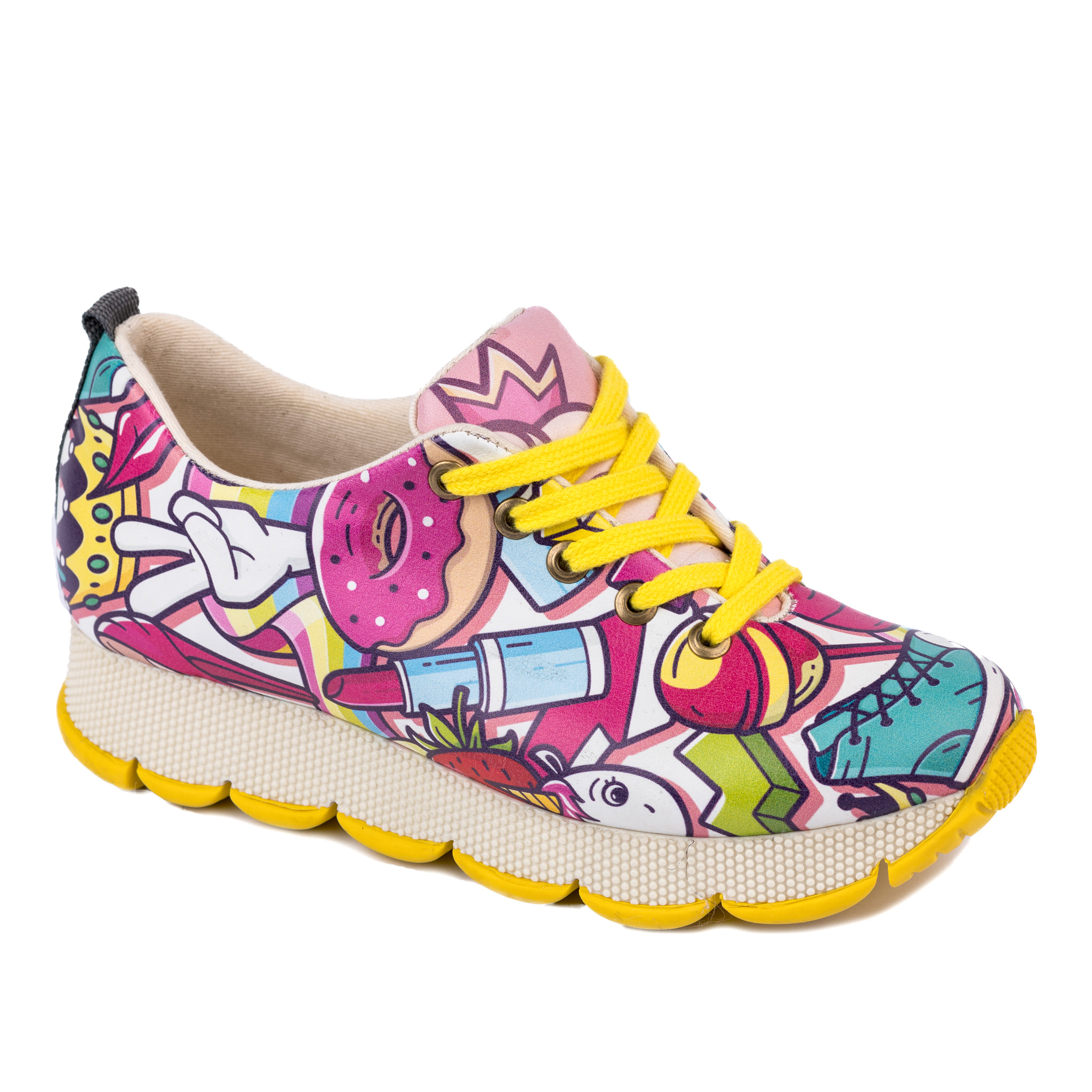 LACE UP PRINTED SNEAKERS - YELLOW/PINK