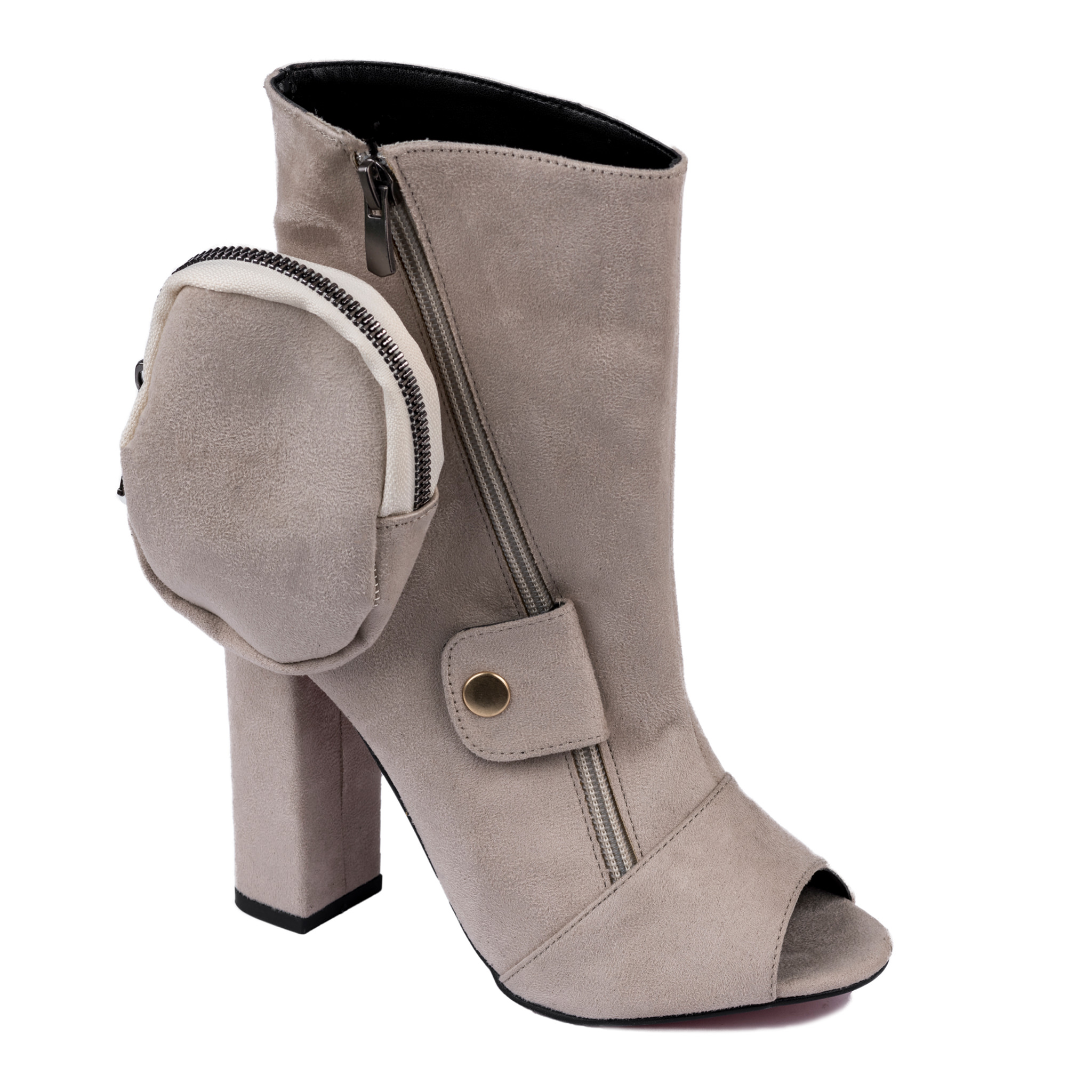 VELOUR OPEN TOE ANKLE BOOTS WITH ZIPPER - BEIGE