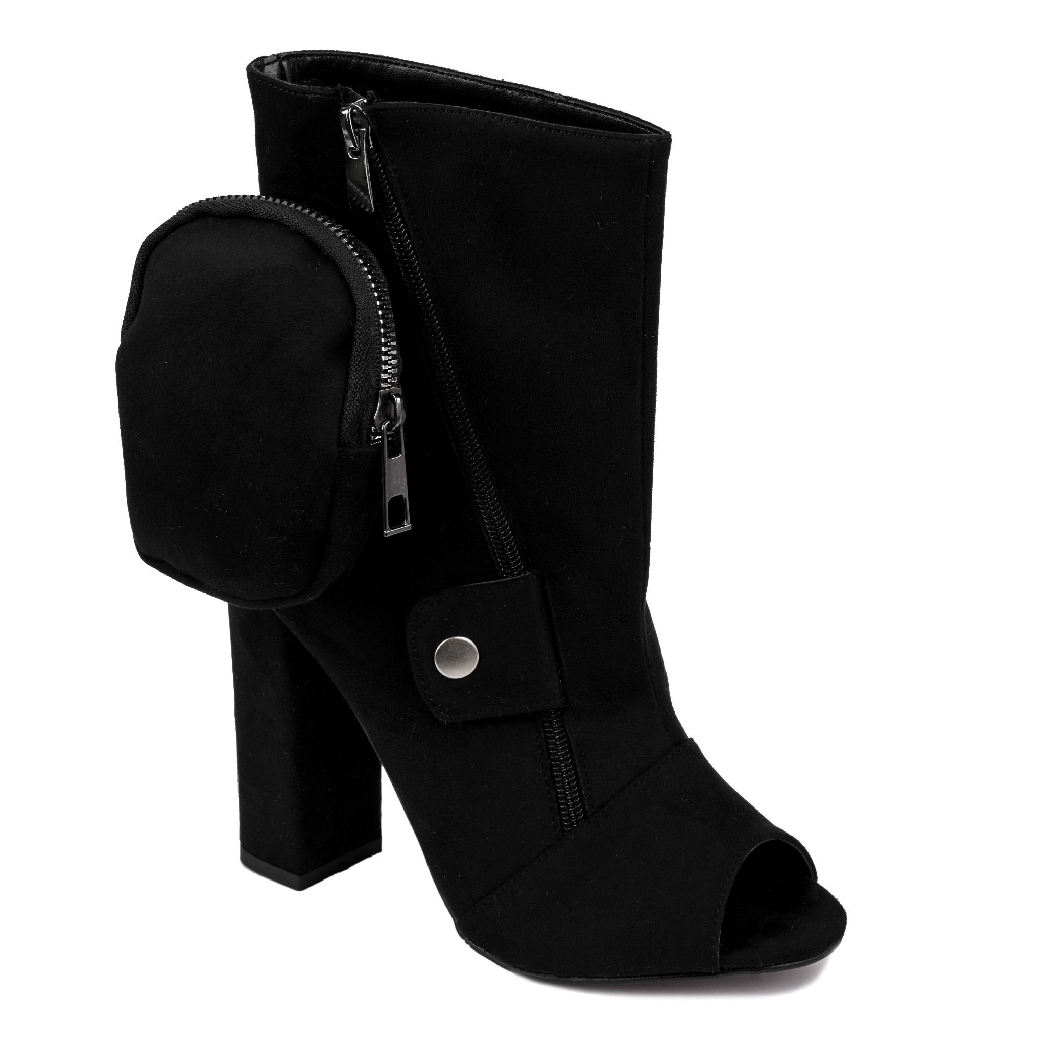 VELOUR OPEN TOE ANKLE BOOTS WITH ZIPPER - BLACK