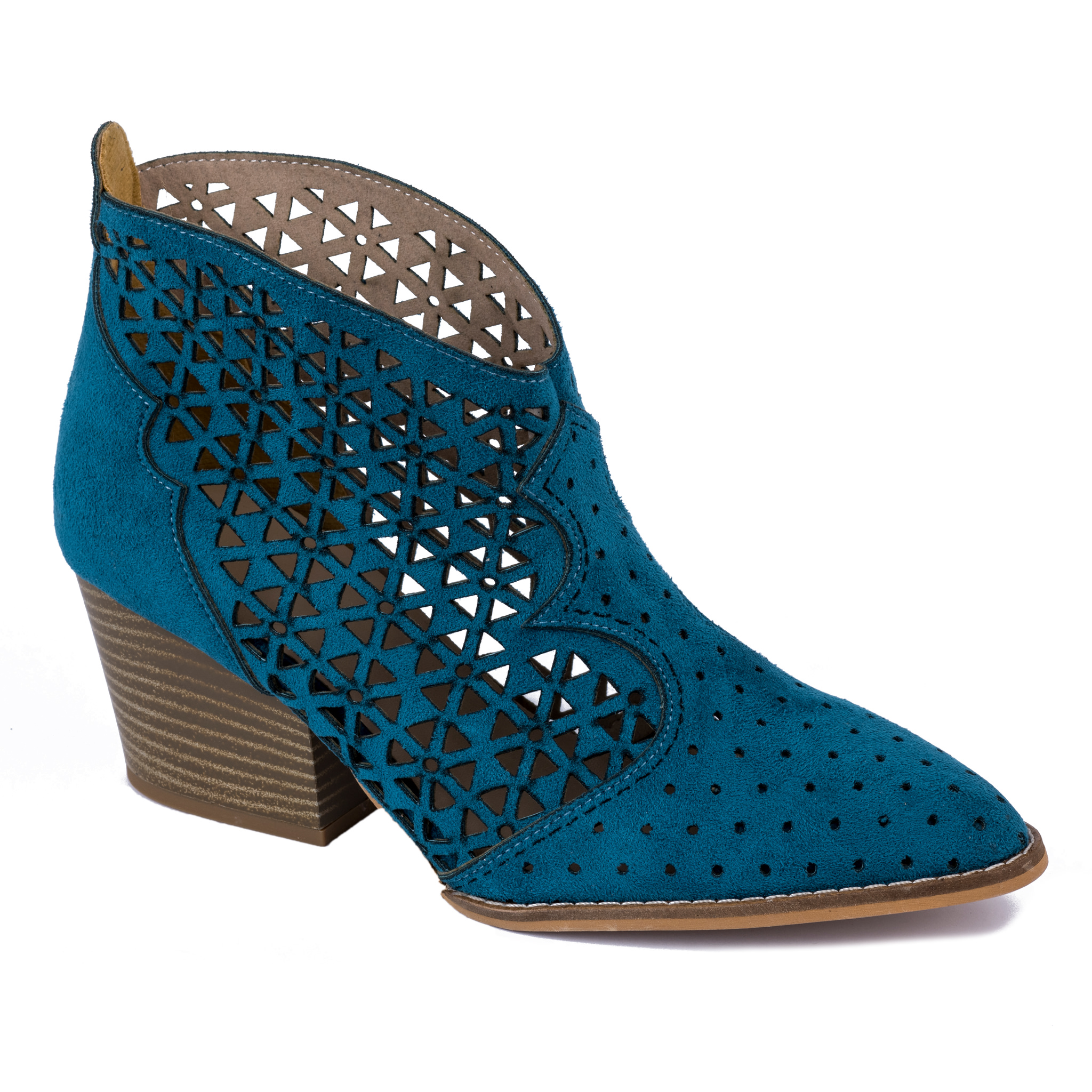 VELOUR THICK HEEL HOLLOW ANKLE BOOTS - BLUE