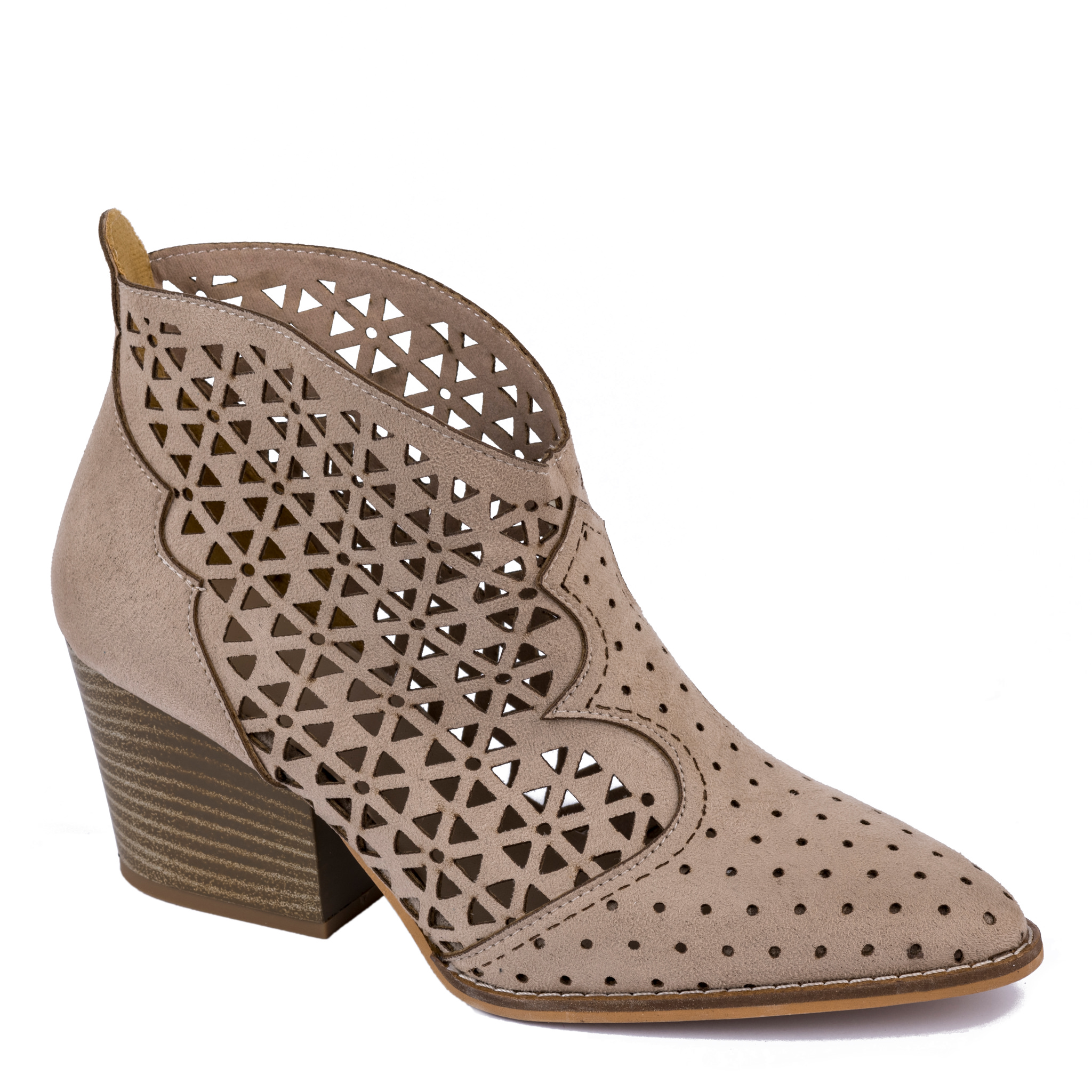VELOUR THICK HEEL HOLLOW ANKLE BOOTS - BEIGE