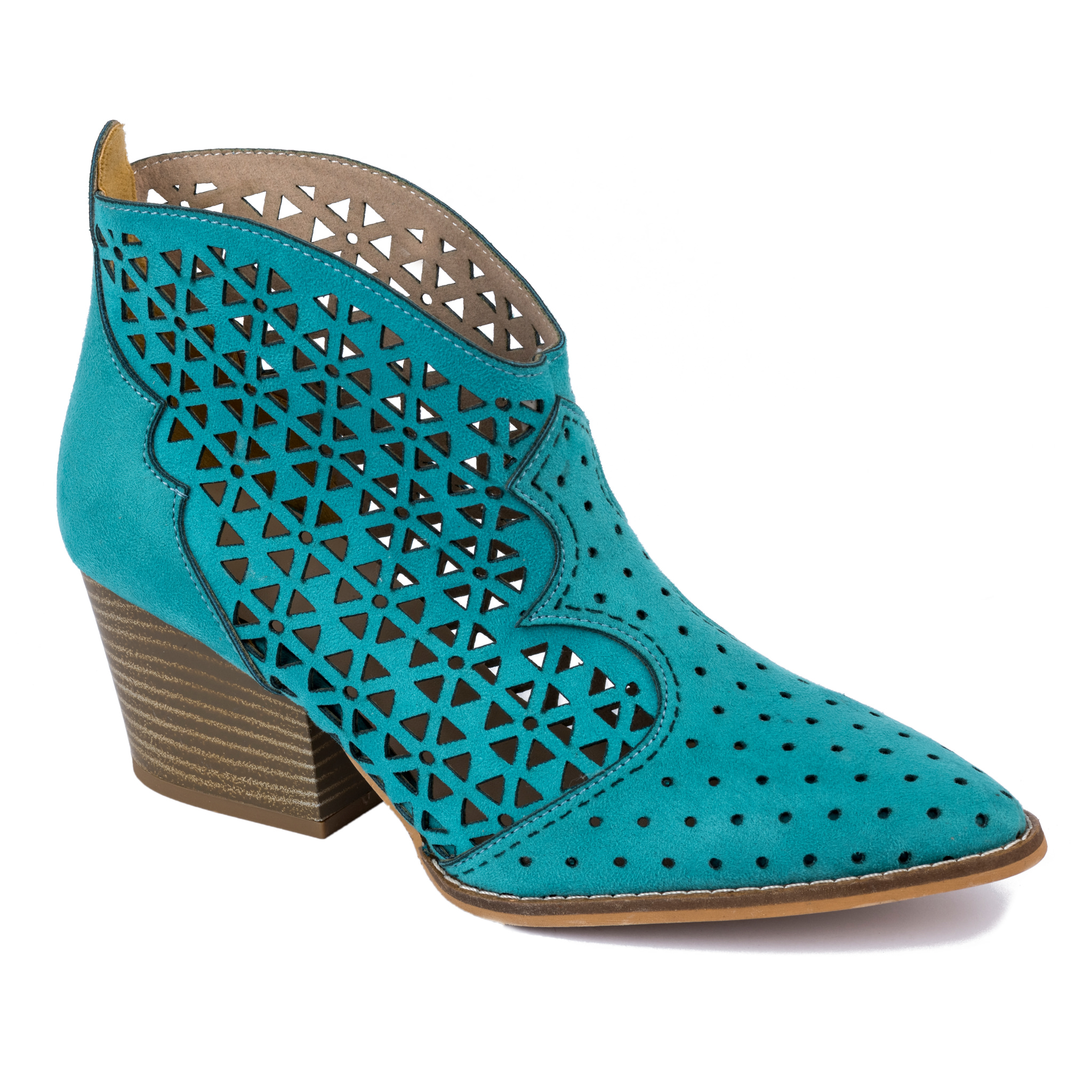 VELOUR THICK HEEL HOLLOW ANKLE BOOTS - MINT