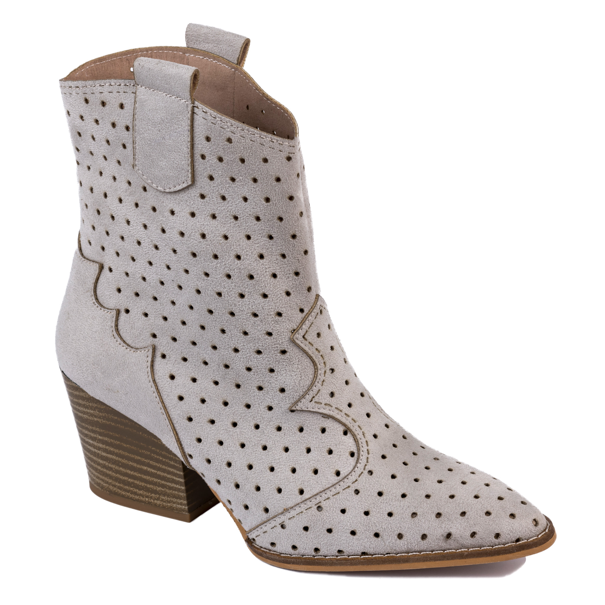 THICK HEEL VELOUR HOLLOW ANKLE BOOTS - BEIGE