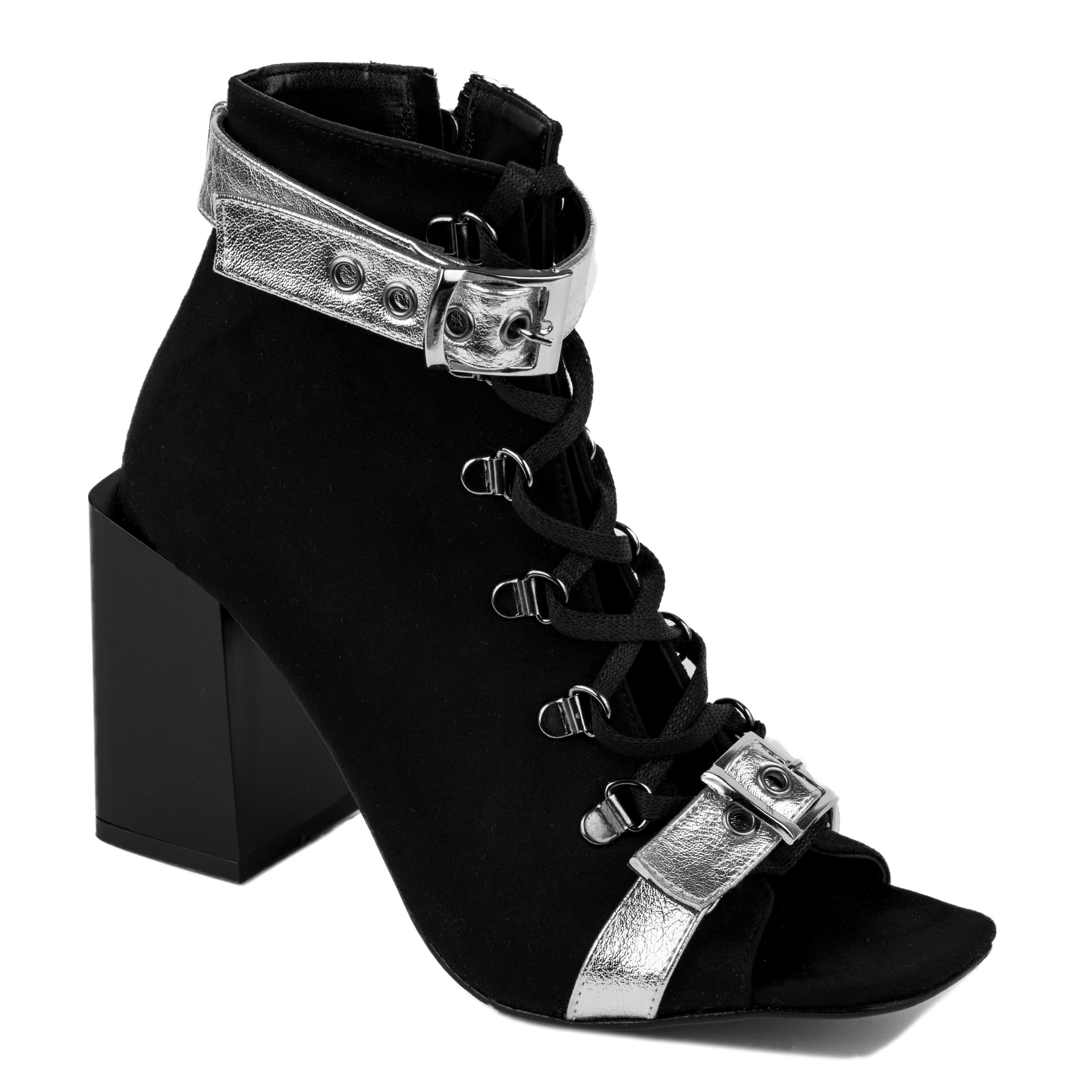VELOUR PEEP TOE  ANKLE BOOTS WITH BELTS AND BLOCK HEEL