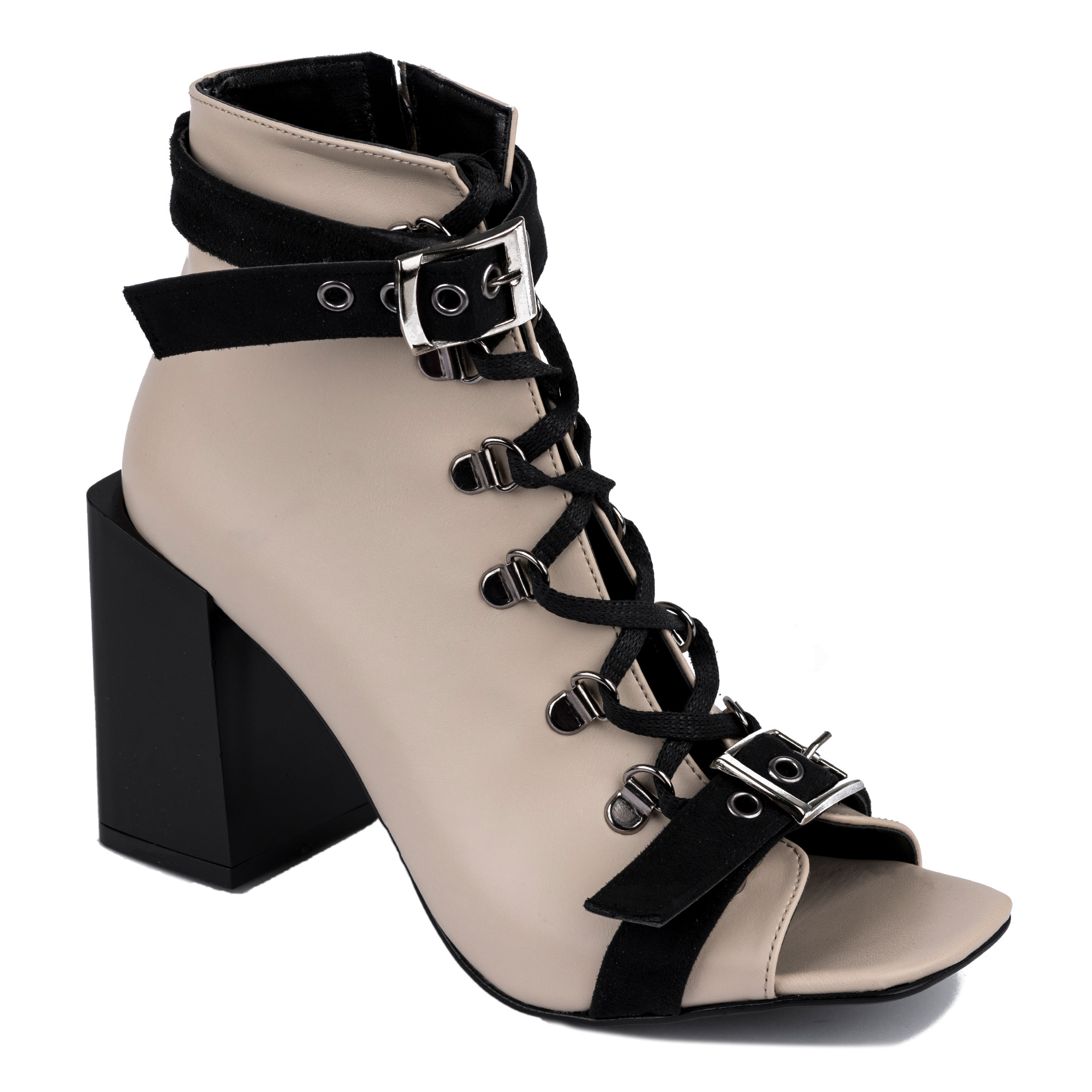 PEEP TOE ANKLE BOOTS WITH BELTS AND BLOCK HEEL - BEIGE