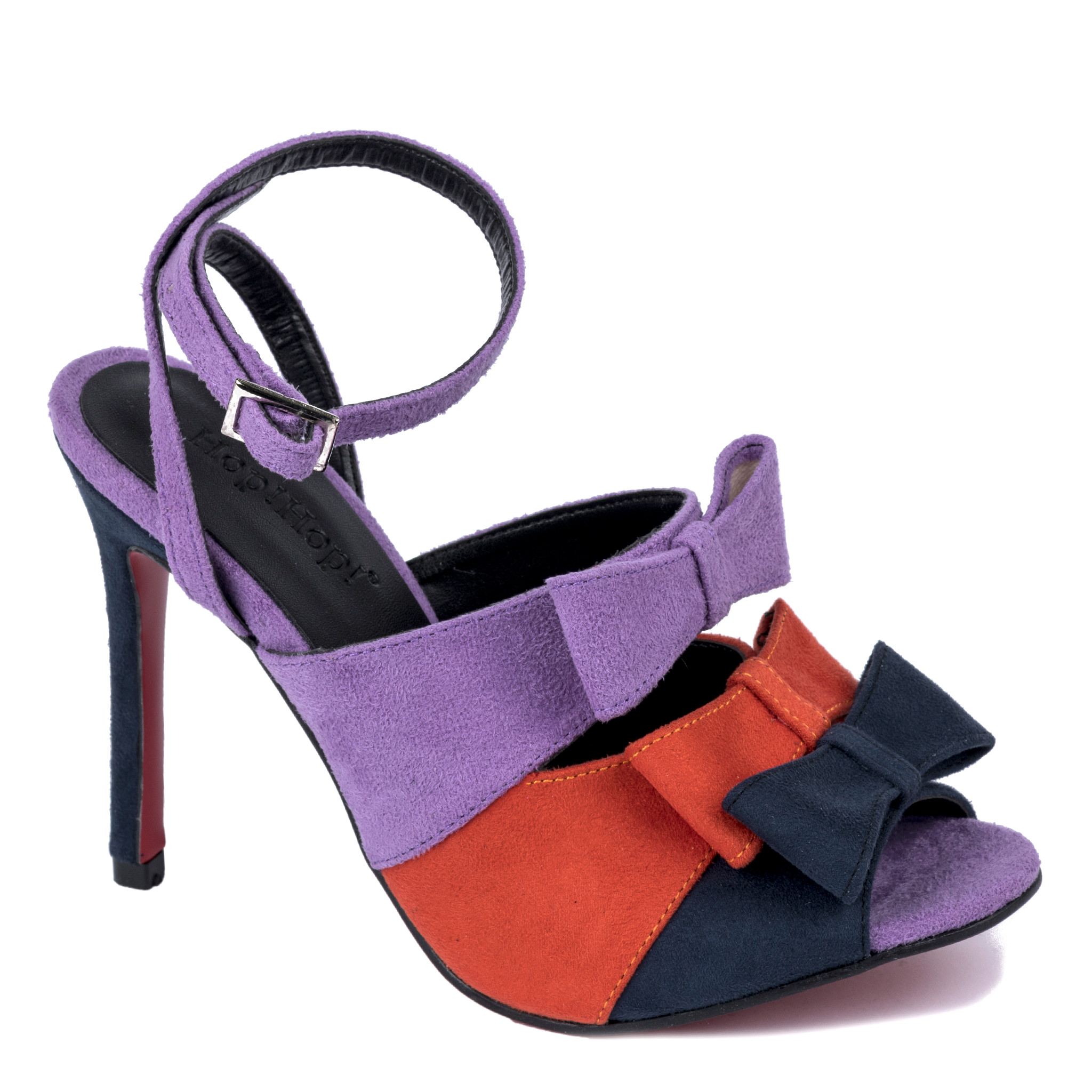 VELOUR THIN HEEL SANDALS WITH BOW - PURPLE