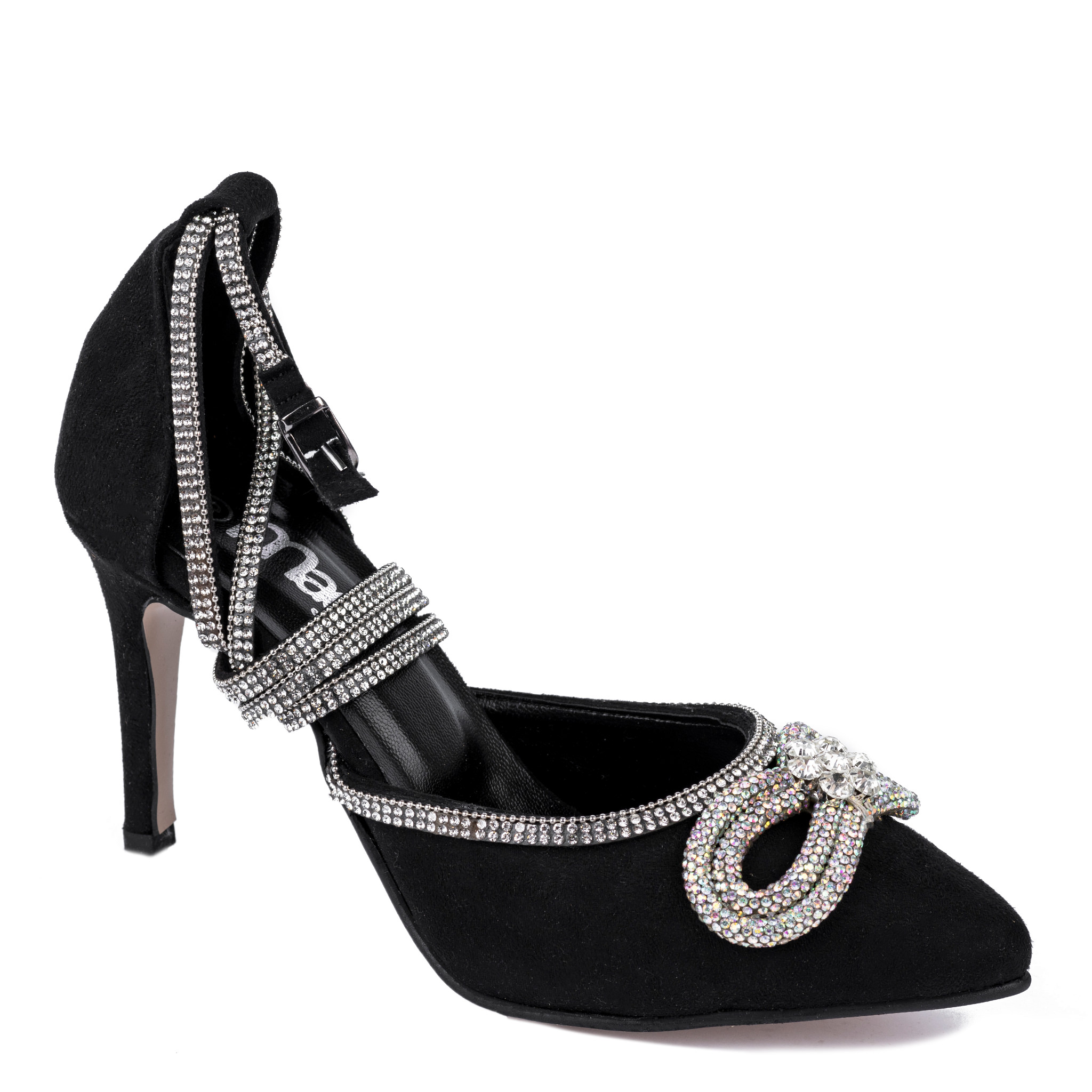 VELOUR THIN HEEL SANDALS WITH ZIRCONS AND BOW - BLACK