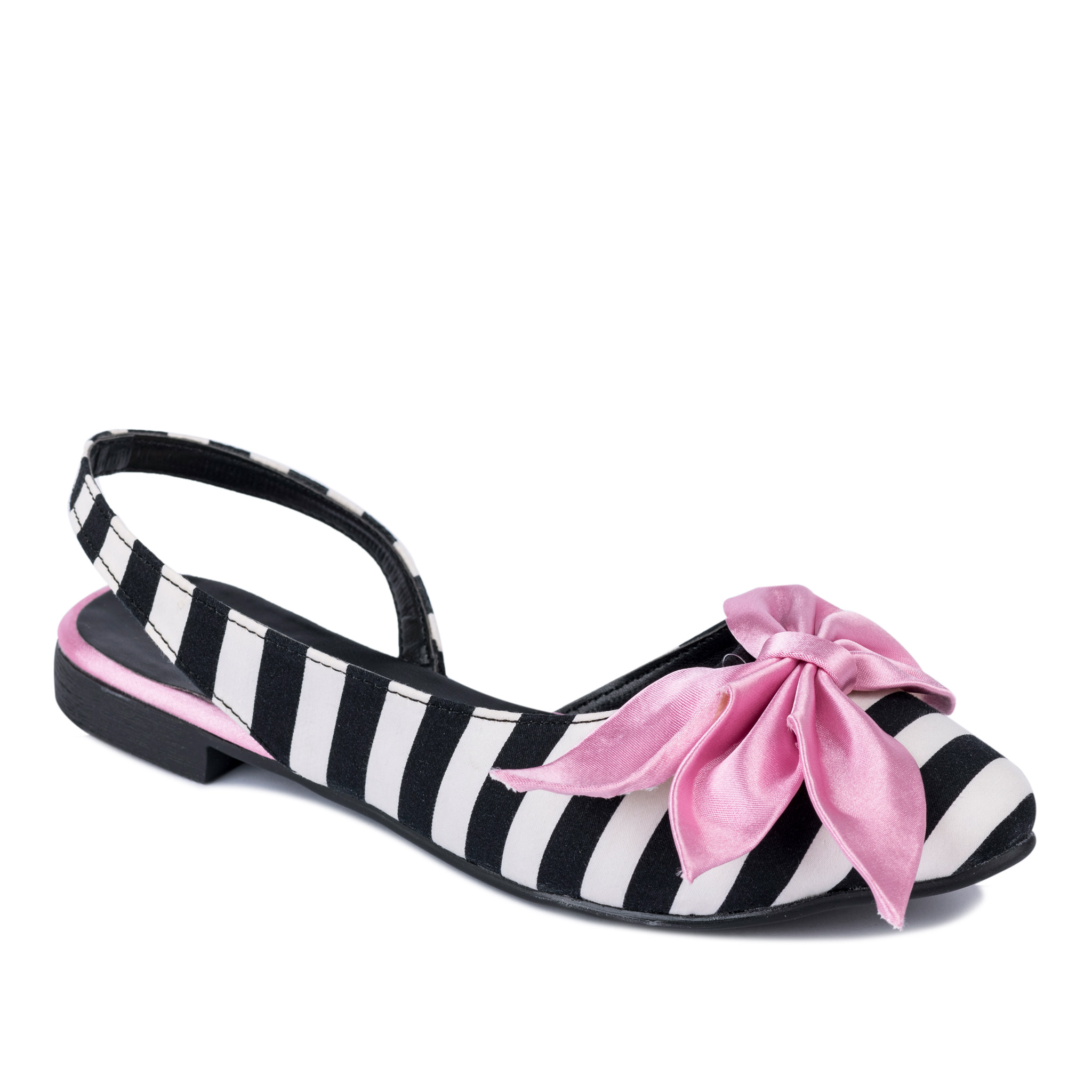 STRIPED FLATS WITH ROSE BOW - BLACK/WHITE