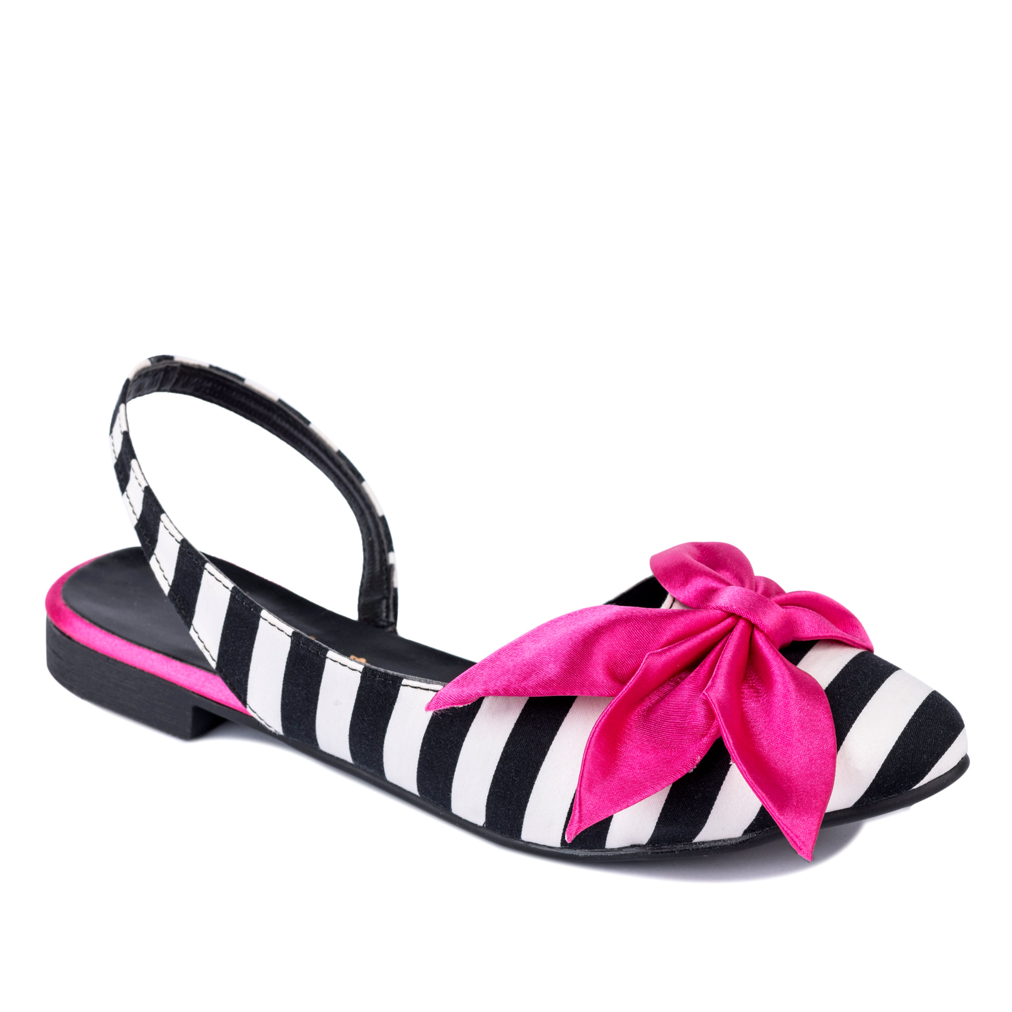 STRIPED FLATS WITH PINK BOW - BLACK/WHITE