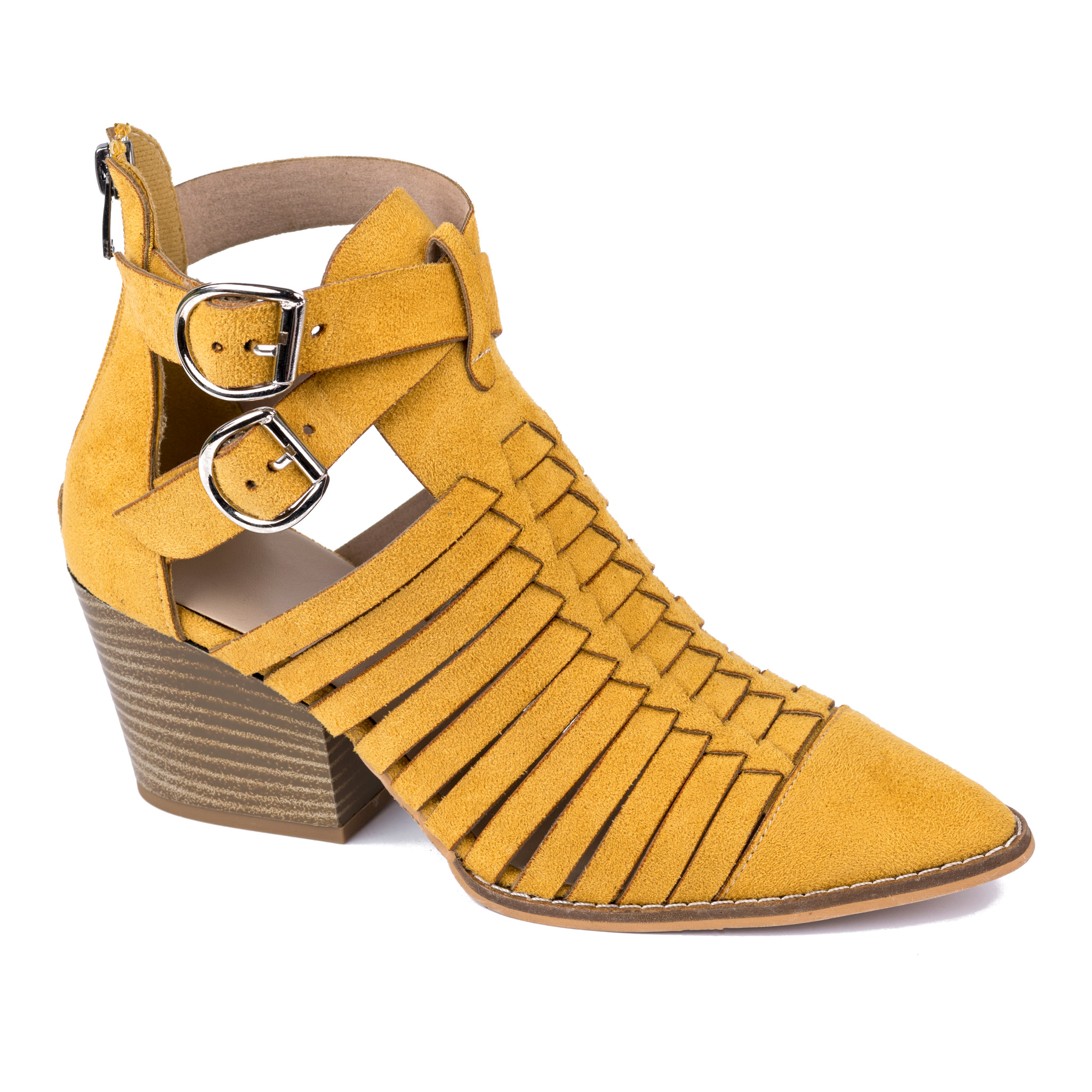 VELOUR ANKLE BOOTS WITH BLOCK HEEL - OCHER