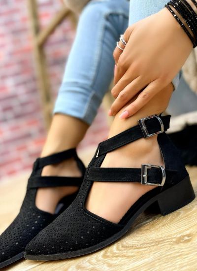 VELOUR OPEN ANKLE BOOTS WITH BELT - BLACK