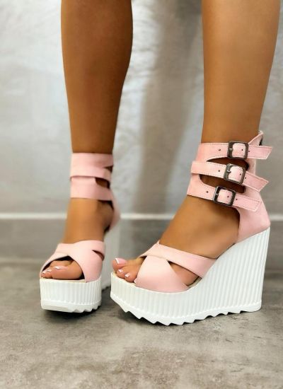 VELOUR WEDGE SANDALS WITH BELTS - ROSE