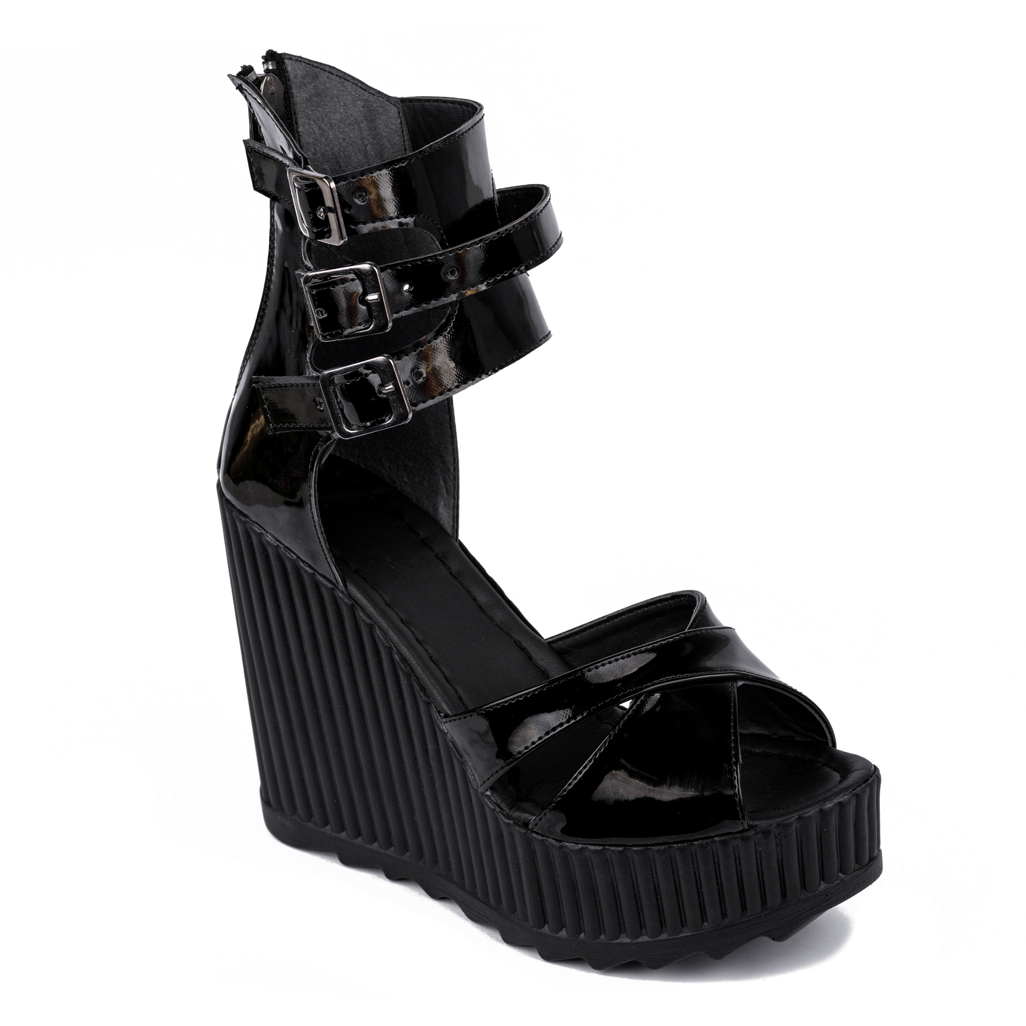 PATENT WEDGE SANDALS WITH BELTS - BLACK