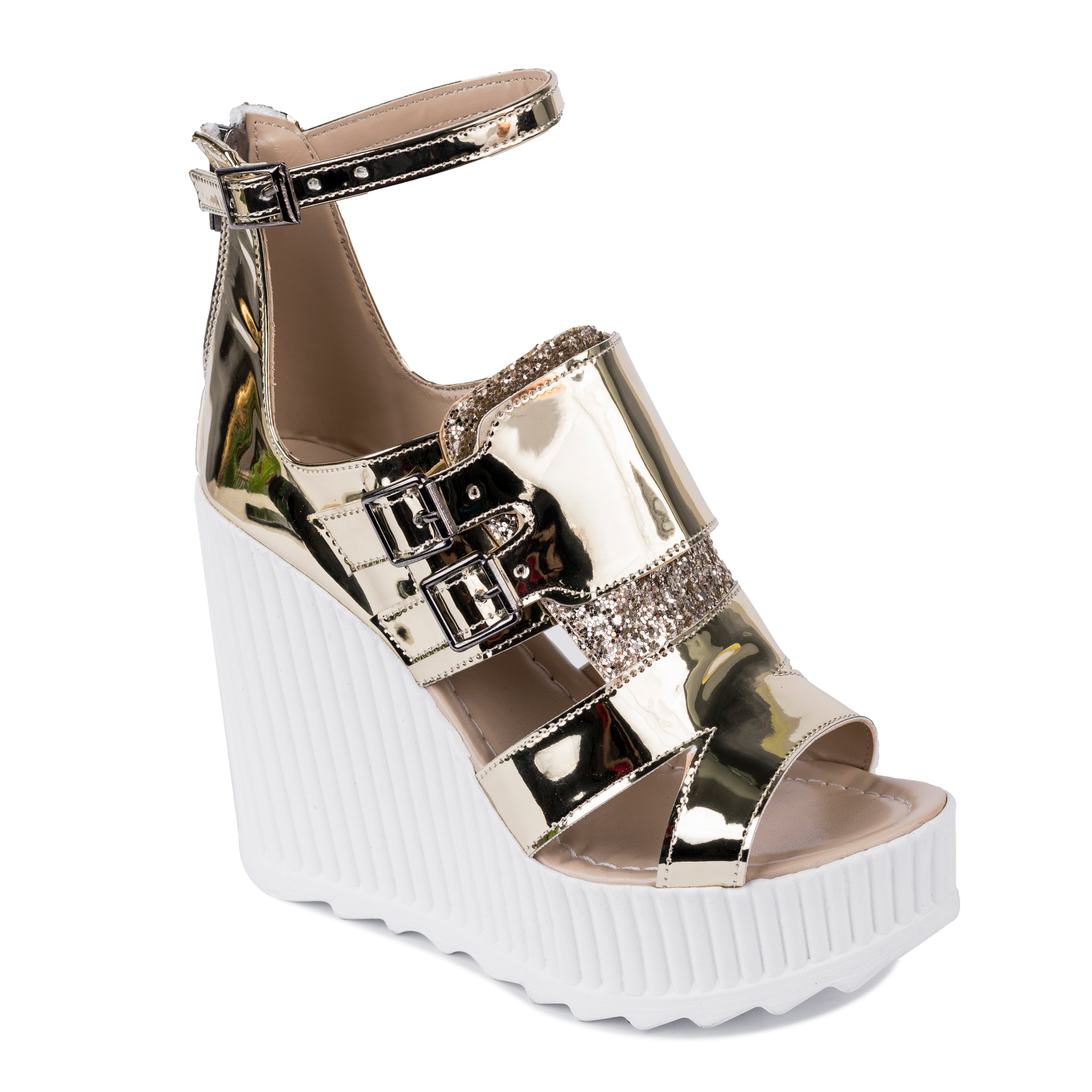 PATENT WEDGE SANDALS WITH BELTS - GOLD