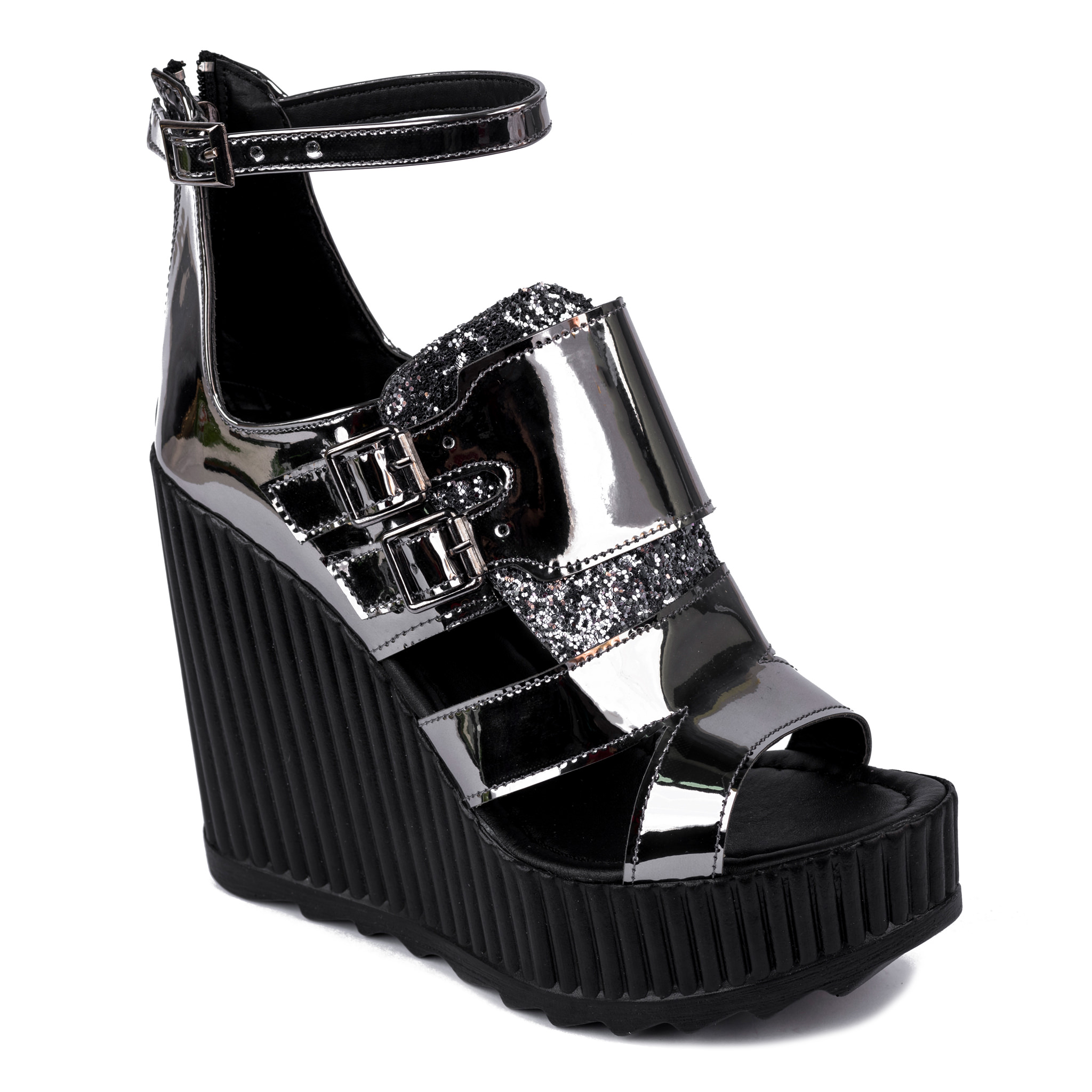 PATENT WEDGE SANDALS WITH BELTS - GRAPHITE