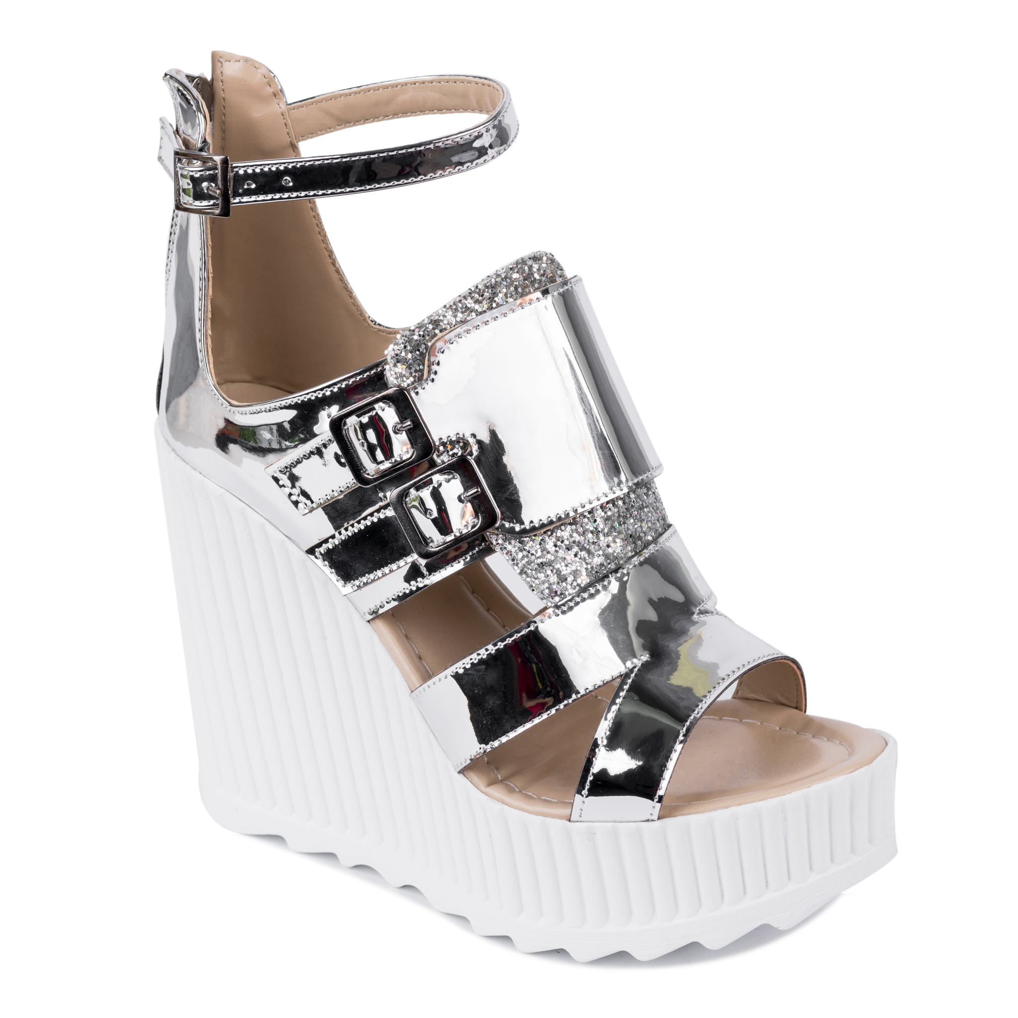PATENT WEDGE SANDALS WITH BELTS - SILVER