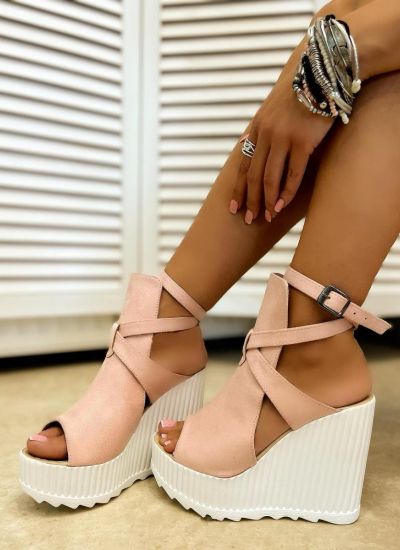 VELOUR WEDGE SANDALS WITH BELT - ROSE