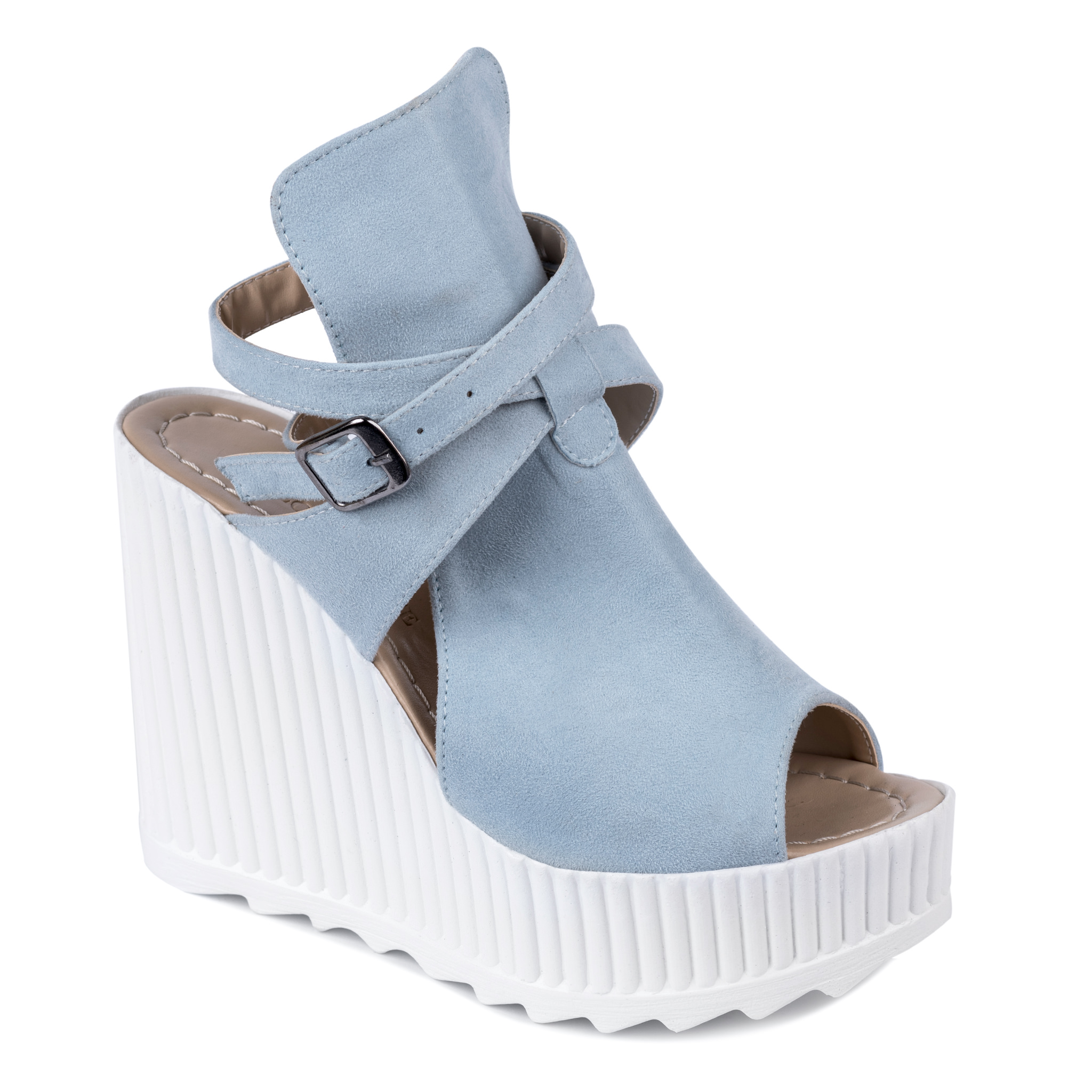 VELOUR WEDGE SANDALS WITH BELT - BLUE