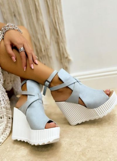 VELOUR WEDGE SANDALS WITH BELT - BLUE