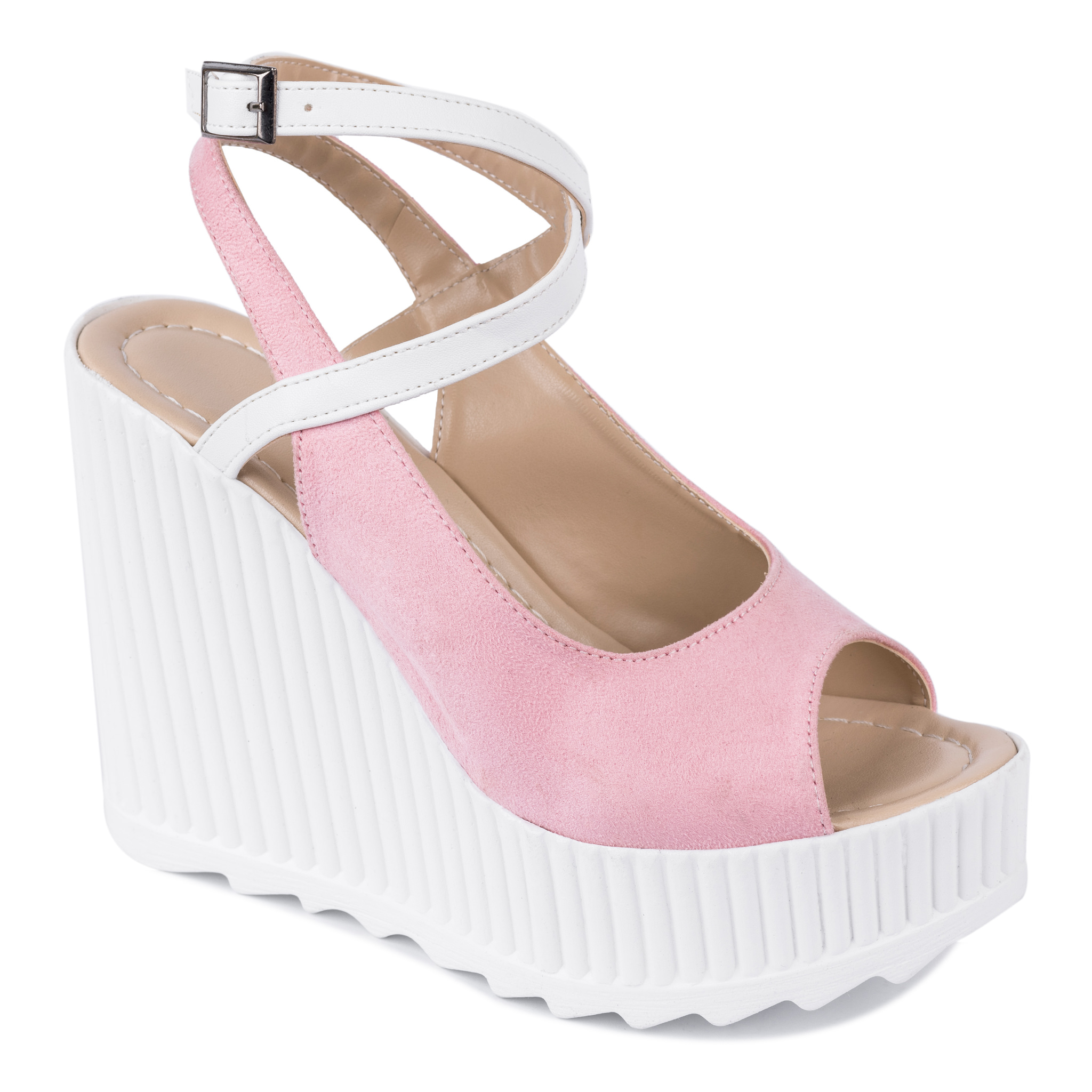 VELOUR PEEP TOE WEDGE SANDALS WITH BELTS - ROSE