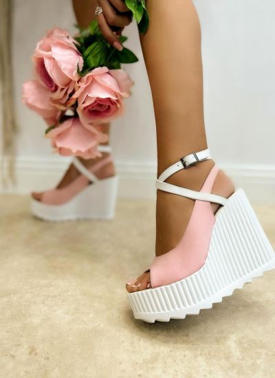 VELOUR PEEP TOE WEDGE SANDALS WITH BELTS - ROSE