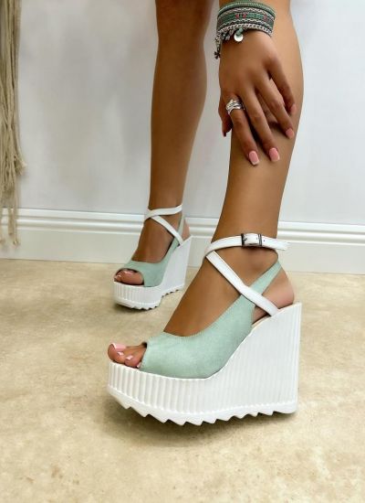 VELOUR PEEP TOE WEDGE SANDALS WITH BELTS - MINT