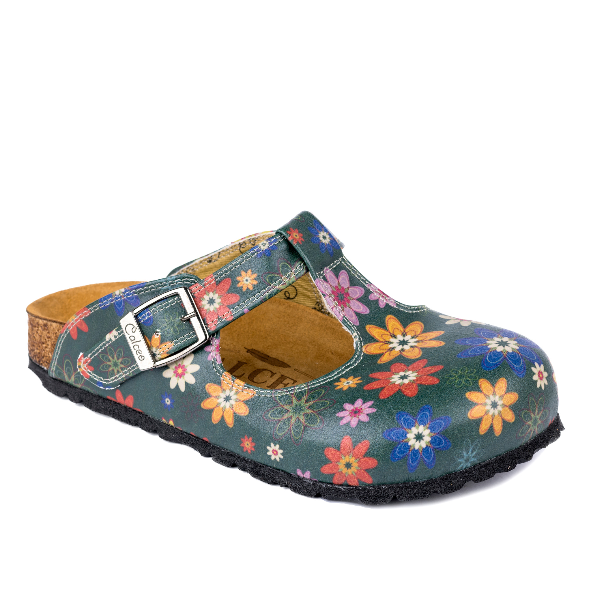 Patterned women clogs A043 - FLORAL - GREEN