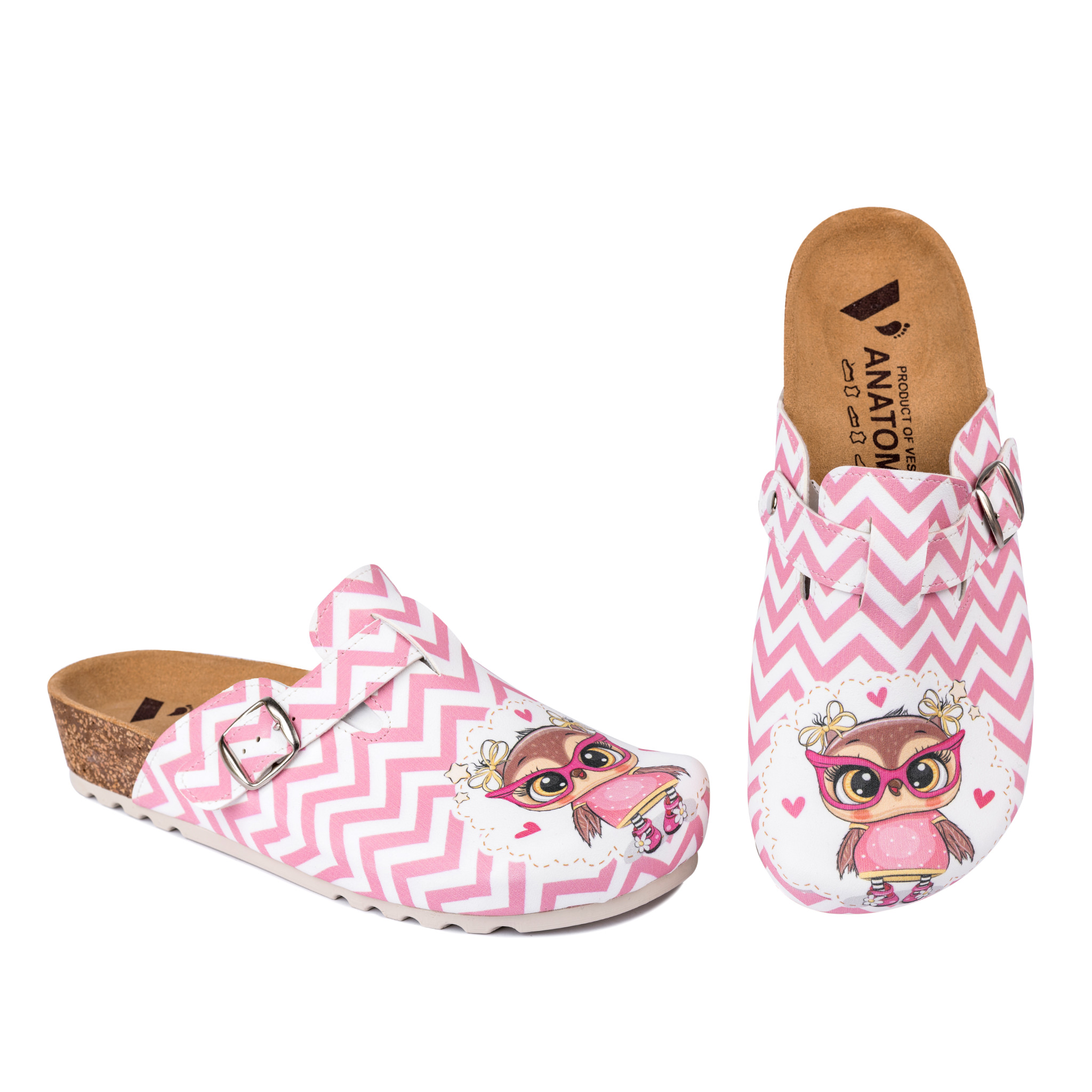 LEATHER CLOGS WITH OWL - WHITE/ROSE