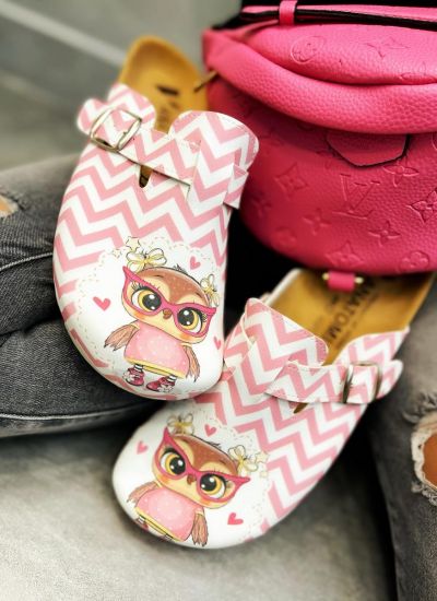 LEATHER CLOGS WITH OWL - WHITE/ROSE