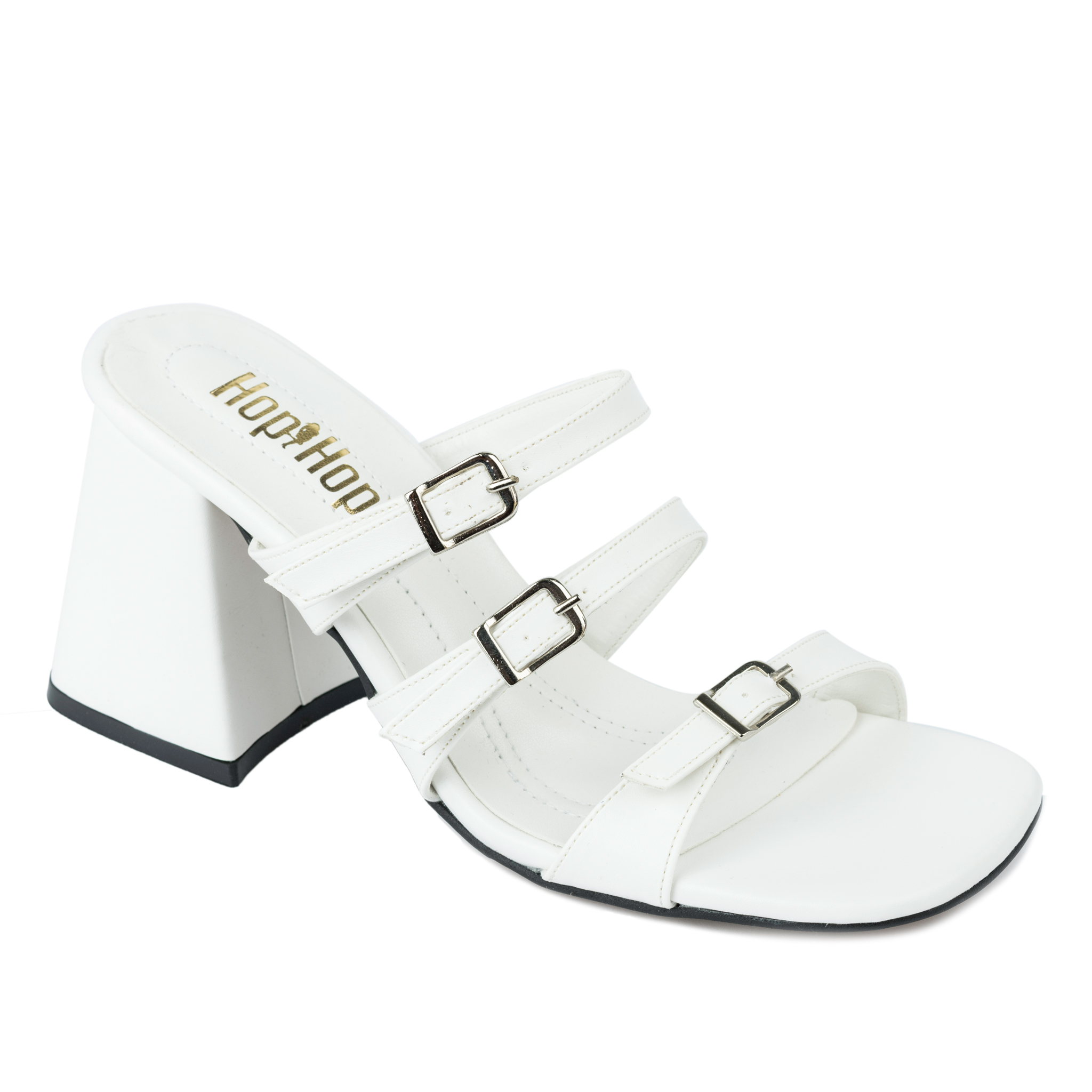 THICK HEEL MULES WITH BELT  - WHITE